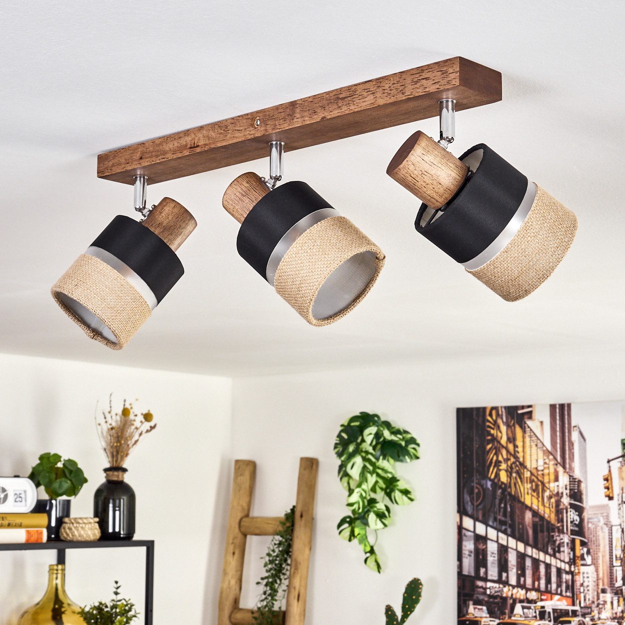 hofstein Deckenleuchte moderne Deckenlampe aus Holz/Metall/Leinen in Dunkelbraun/Chrom/Natur, ohne Leuchtmittel, m. verstellbaren Strahlern, 3x E14, ohne Leucht – Bild 2 von 5
