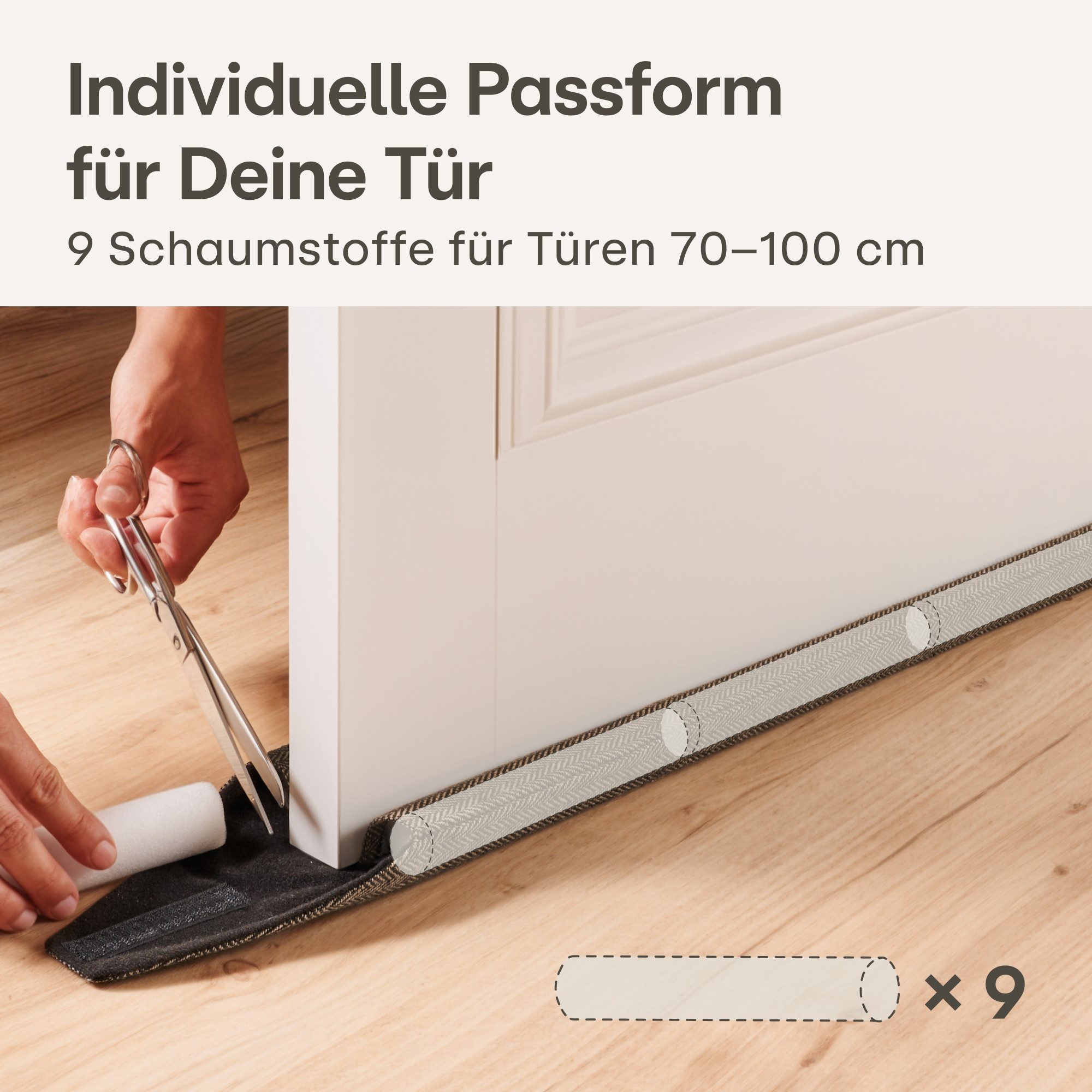 Praknu Zugluftstopper Zugluftstopper für Türen 70 - 100cm Waschbarer Stoff - Energiesparend, Einzelartikel, 1-tlg., 1 Stück mit Zubehör, Waschbar, energiesparend, flexibel anpassbar, robust