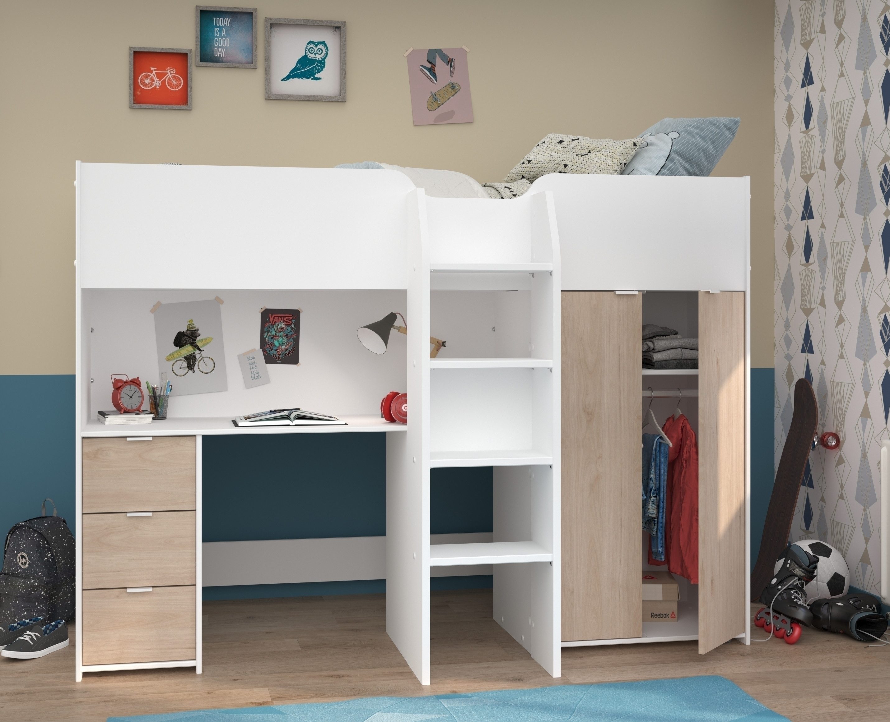 Parisot Hochbett Tom 1 in Jacksen Eiche / Weiss - 203x95x147cm (LxBxH)
