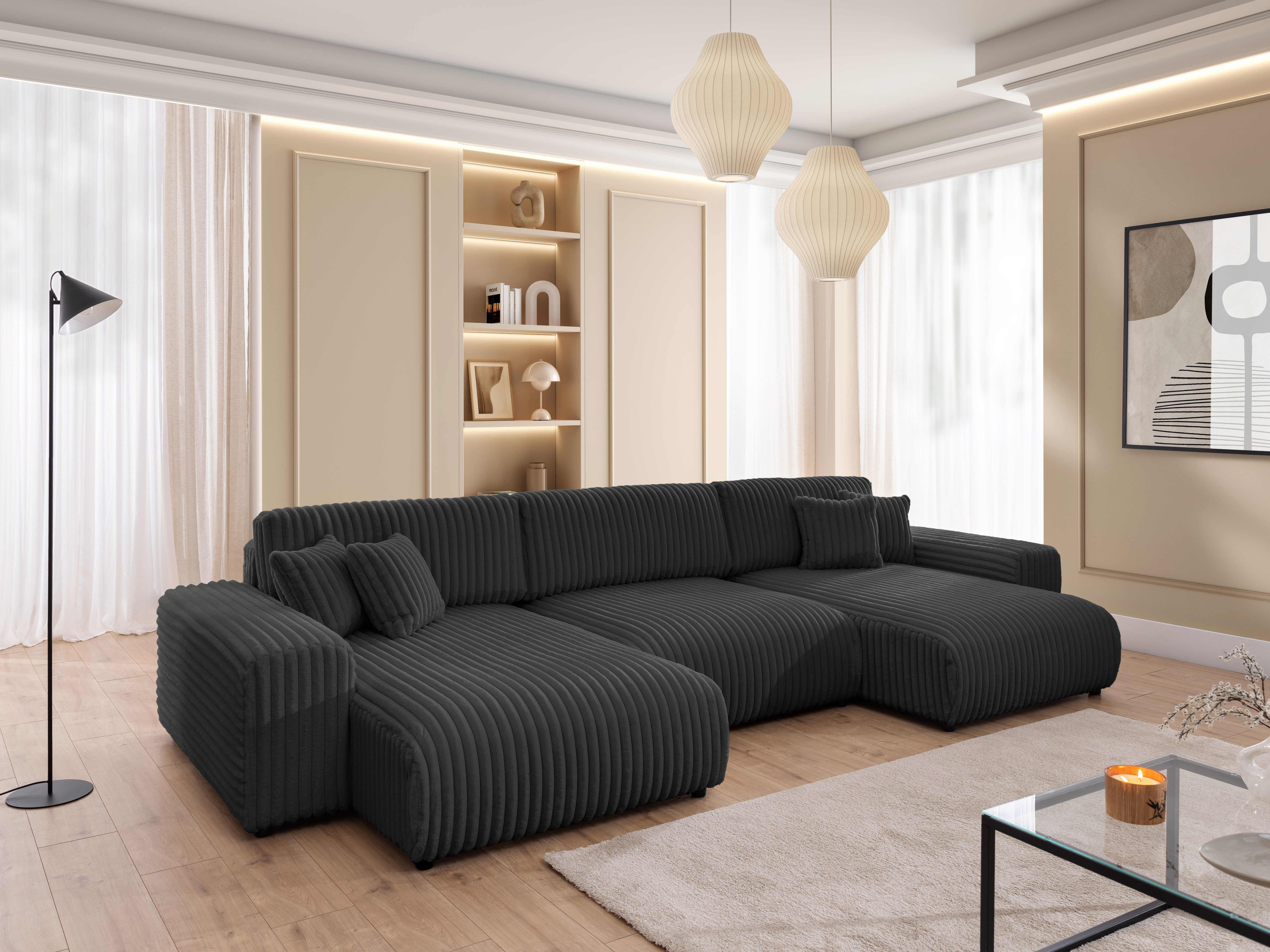 S-Style Möbel Wohnlandschaft Mollis mit Schlaffunktion und Bettkasten aus Plüschcord