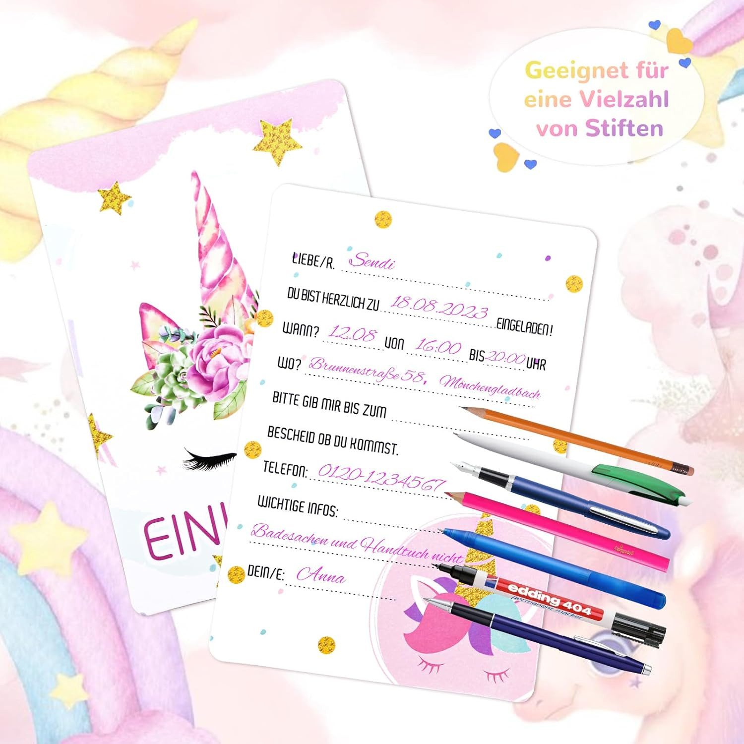 aitsite Einladungskarten 12er Set Einladungskarten Kindergeburtstag Einhorn Design Party Karten, 12er Set Einhorn Einladungskarten Kindergeburtstag, beschreibba – Bild 3 von 4