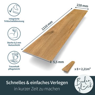 Bodenglück Vinylboden Klick-Vinyl "Eiche Usedom", Braun, natürliche Holzoptik mit Trittschalldämmung, 1210 x 228 x 5 mm, Paketpreis für 2,21m², TÜV geprüft