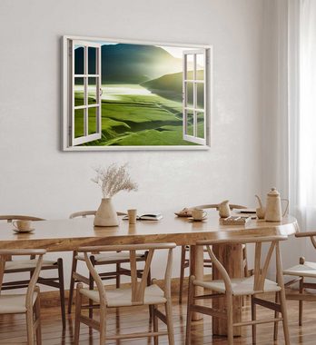 Sinus Art Leinwandbild Wandbild 120x80cm Fensterbild Natur Landschaft Berge grüne Wiesen Sonn, (1 St)