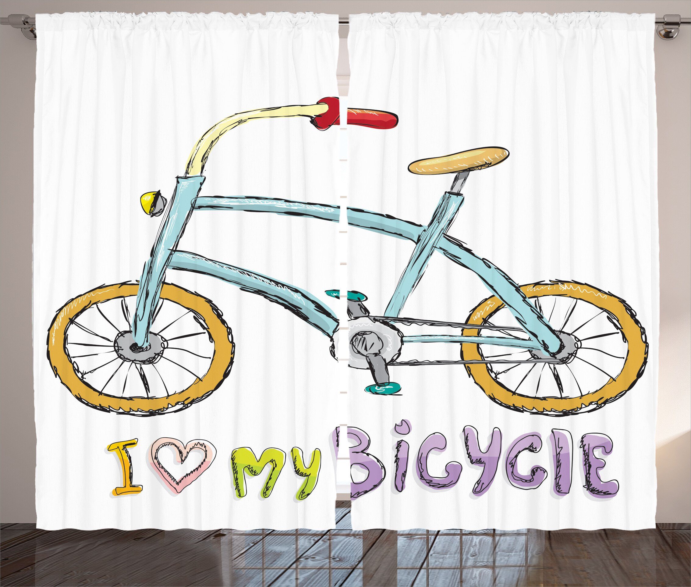 Gardine Schlafzimmer Kräuselband und Worte Karikatur Fahrrad-Kinder mit Schlaufen Abakuhaus, Haken, Liebe Vorhang