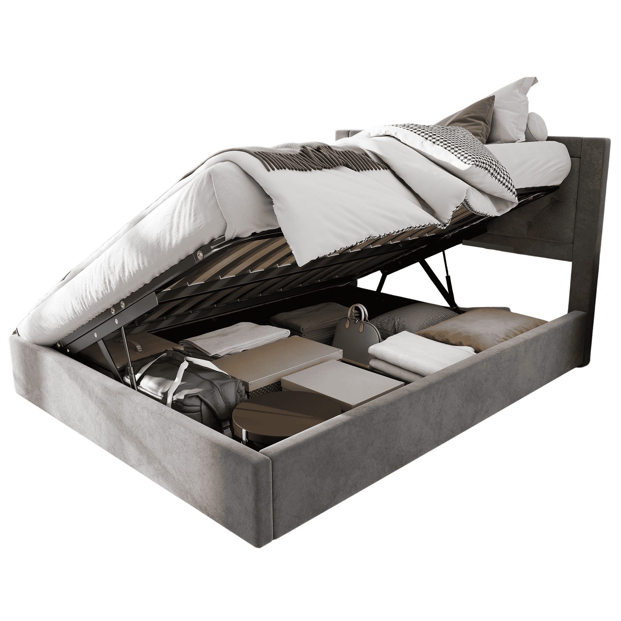BlingBin Polsterbett Stauraumbett Jugendbett Bettgestell Doppelbett aus Stahlrahmen (Polsterbett mit Linker und Rechter Abhebbarer Bettkasten, 1-tlg., 140*200cm, Ohne Matratze, Belastbarkeit maximal: 300KG), Chesterfield-Stil, Schaumstoffgefülltes Kopfteil, Samt, Grau