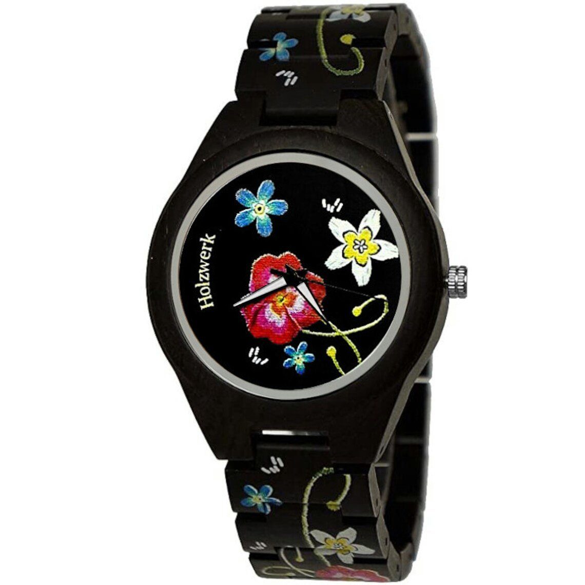 Holzwerk Quarzuhr FLOWER Damen Holz Armband Uhr mit Blumen Muster in schwarz, bunt