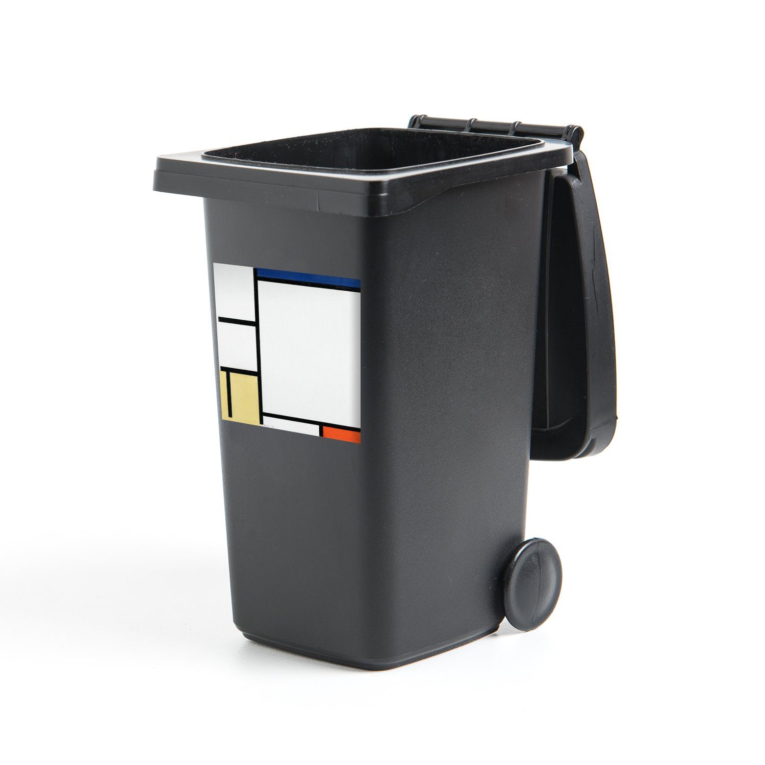 (1 Wandsticker und Blau, Mülltonne, Abfalbehälter Rot Mülleimer-aufkleber, St), Gelb, Sticker, mit Mondrian - MuchoWow Piet Schwarz Komposition Container,