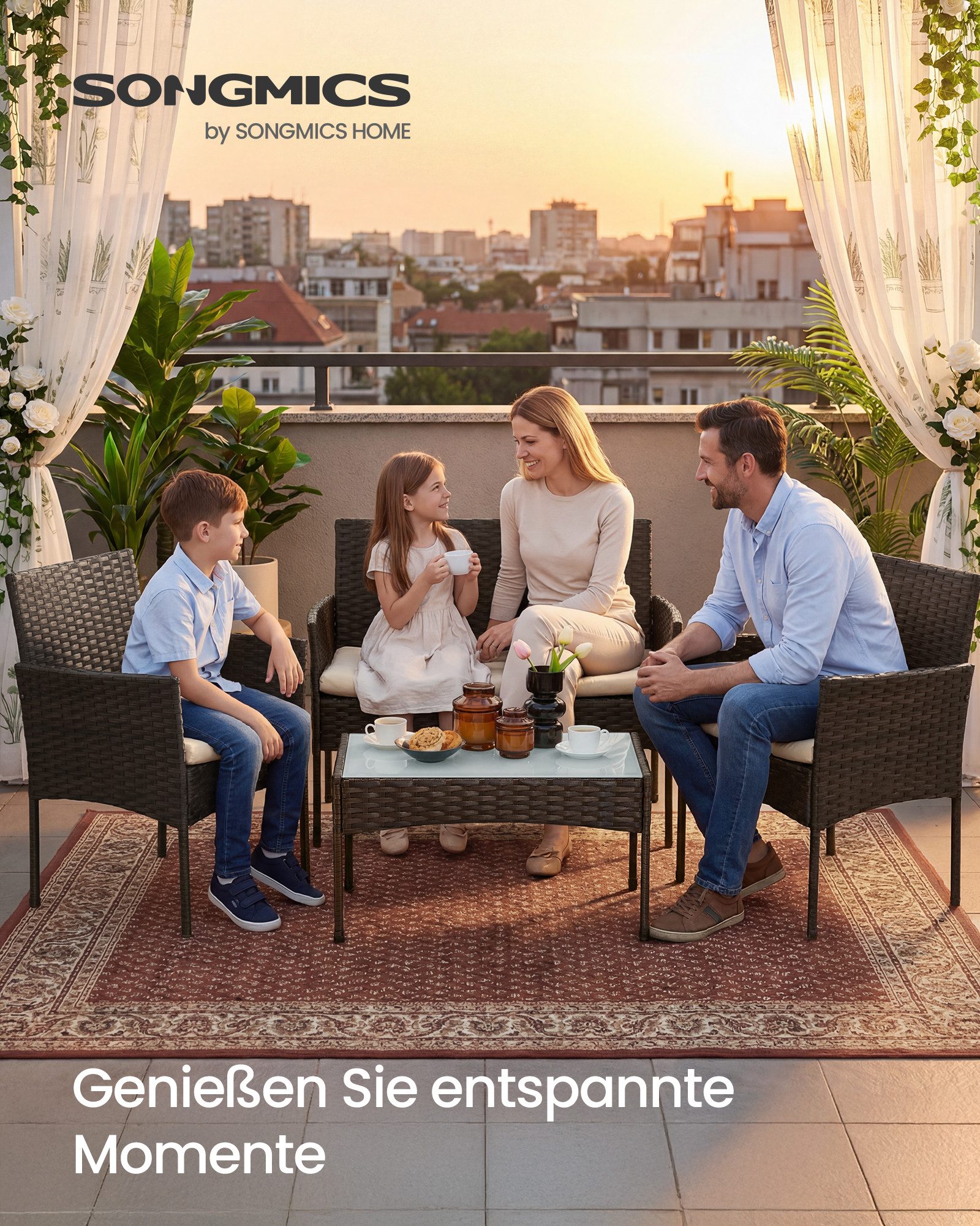 SONGMICS Gartenlounge-Set Balkonmöbel aus PE-Polyrattan, (4-tlg., 2 Gartenstuhl, 1 Sofa, 1 Gartentisch, mit Kissen), Balkonmöbel, Terrassenmöbel