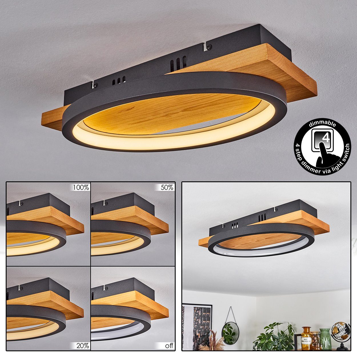 Watt Deckenlampe hofstein 3000 dimmbar über Metall/Holz/Kunststoff Natur/Schwarz, Kelvin, wechselbar, 1x LED in 1800 Lichtschalter, aus Deckenleuchte LED dimmbare 16 Lumen,