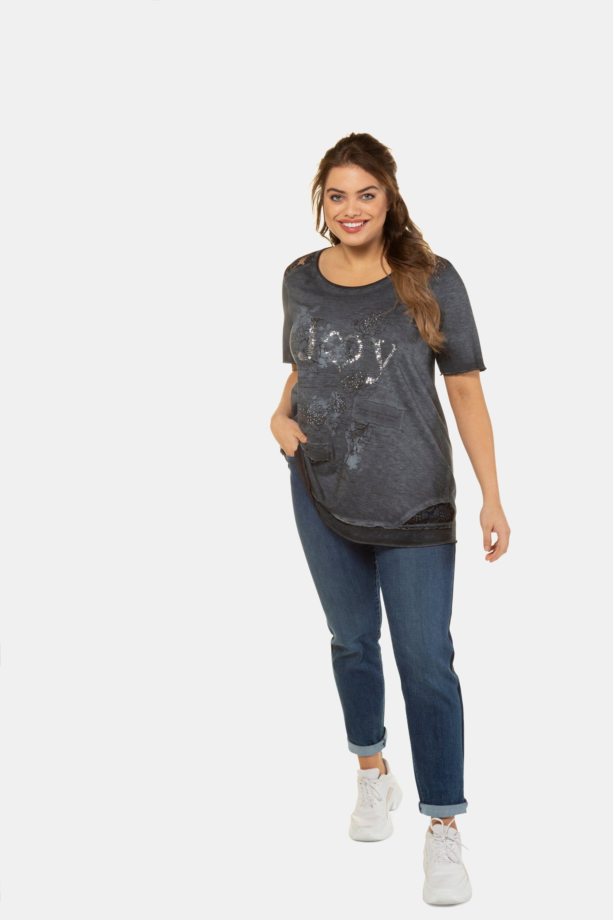 Ulla Popken Oversize-Shirt T-Shirt Pailletten-Schriftzug JOY A-Linie Spitze