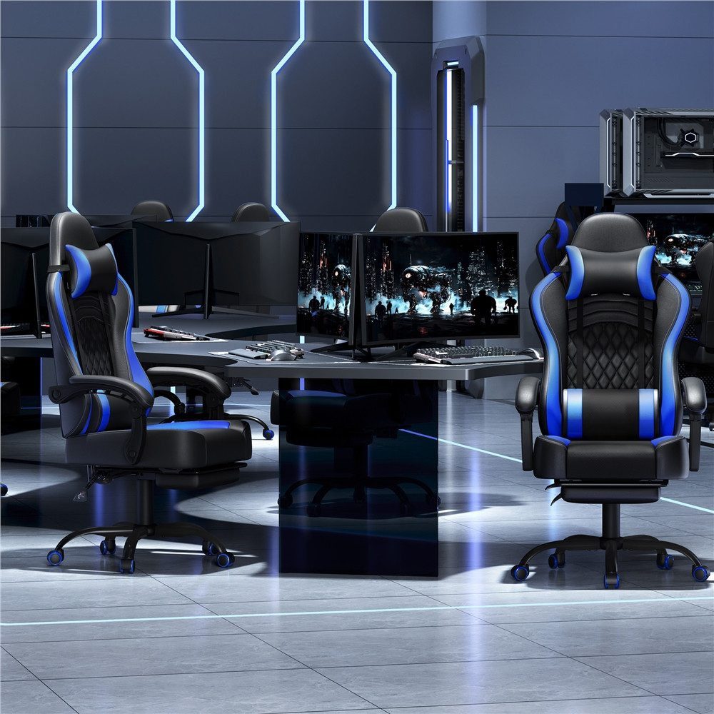 Yaheetech Gaming-Stuhl mit Massagefunktion & Kopfstütze & Fußstütze Ergonomischer PC-Stuhl, höhenverstellbarer Drehstuhl Computerstuhl Verstellbare Rückenlehne