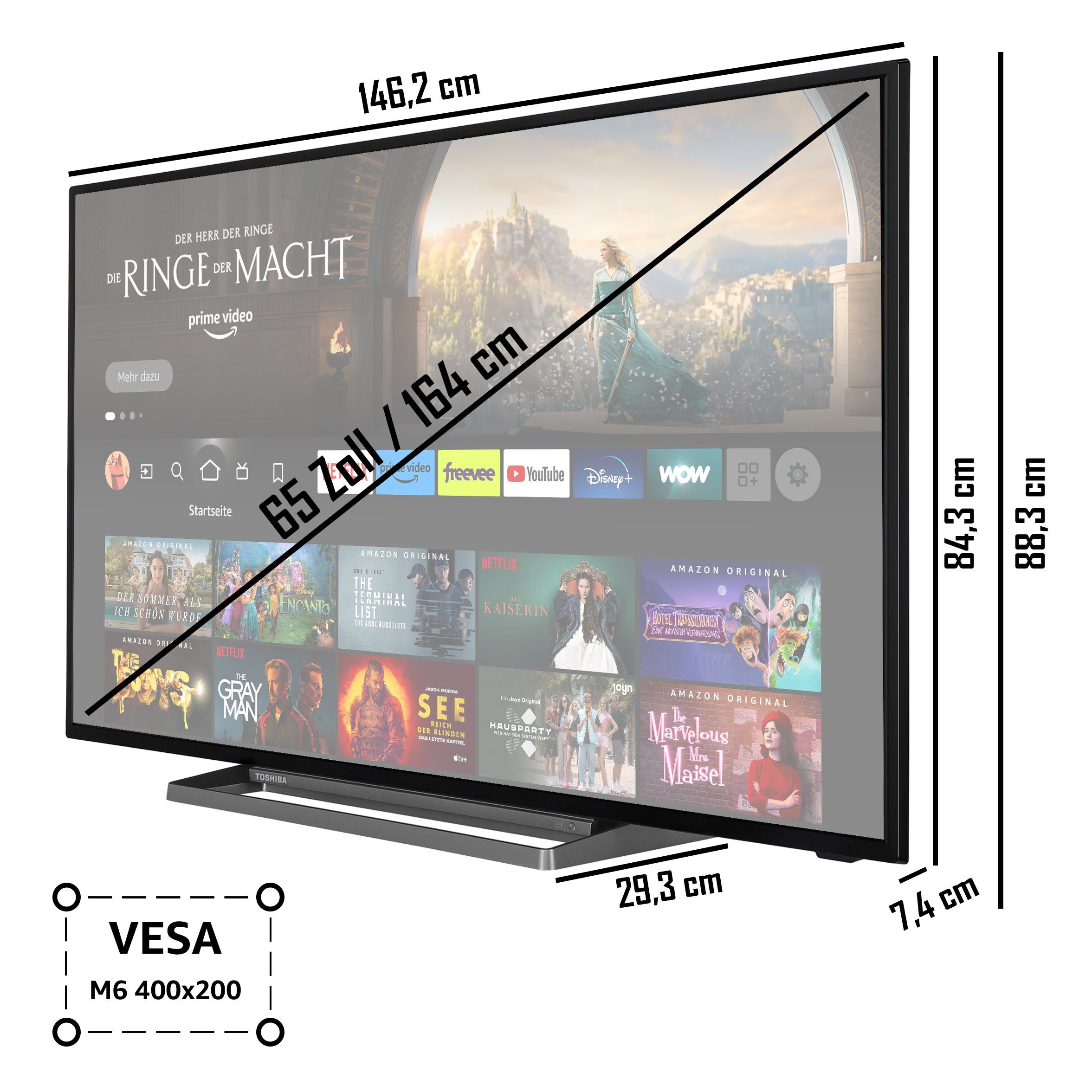 TV, Toshiba Ultra Onkyo) 4K Alexa LCD-LED Fernseher Fire Zoll, (164 Sound 65UF3D63DA Dolby HD, Triple-Tuner, HDR by Sprachsteuerung, cm/65 Vision,
