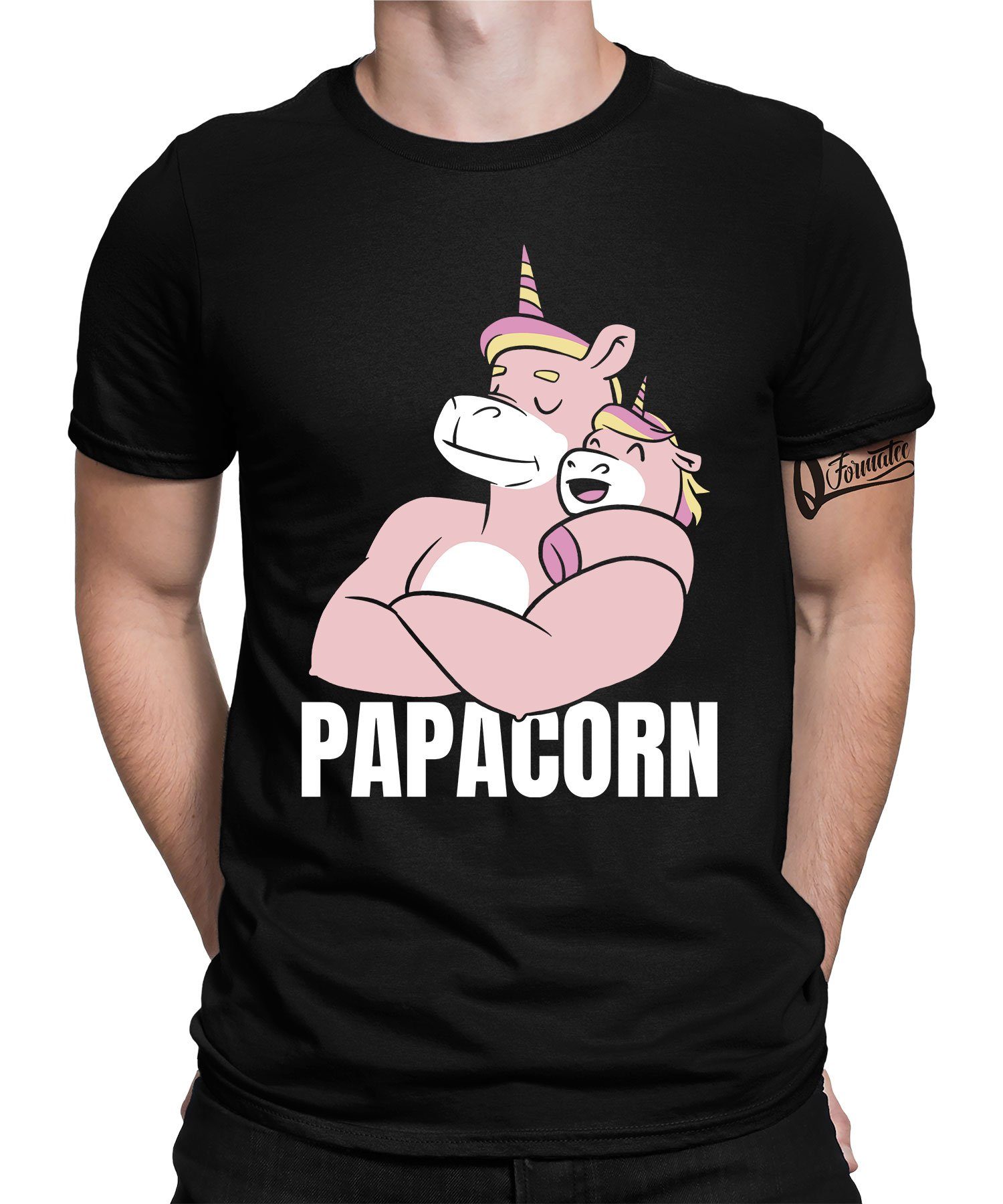 Quattro Formatee Kurzarmshirt Papacorn - Papa Vatertag Vater Herren T-Shirt (1-tlg) Schwarz