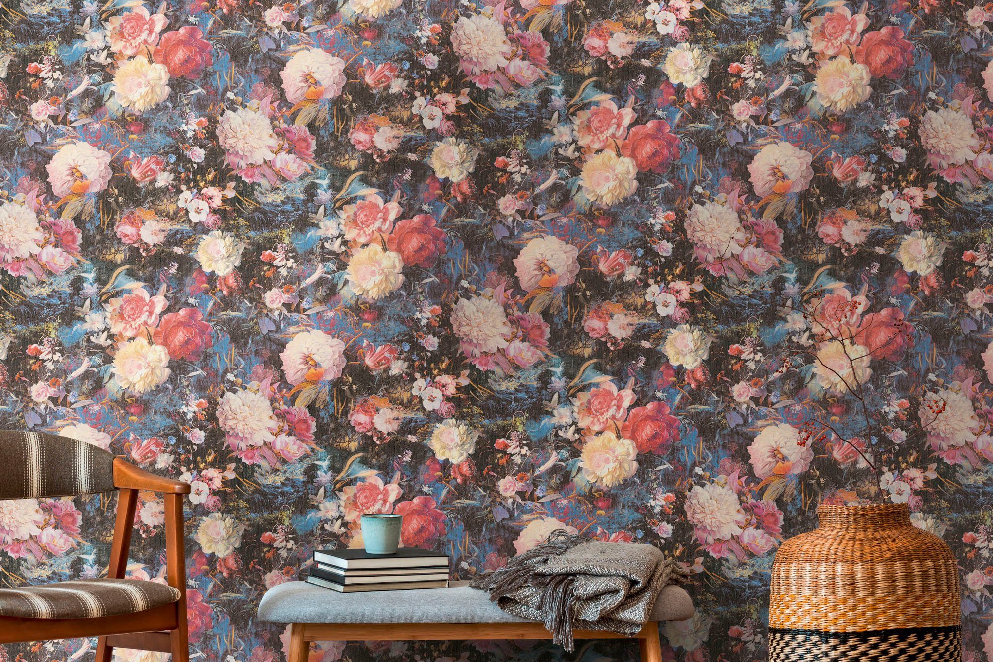 Bricoflor Schwarze Tapete mit Blumen Florale Vliestapete Ideal für Wohnzimm günstig online kaufen
