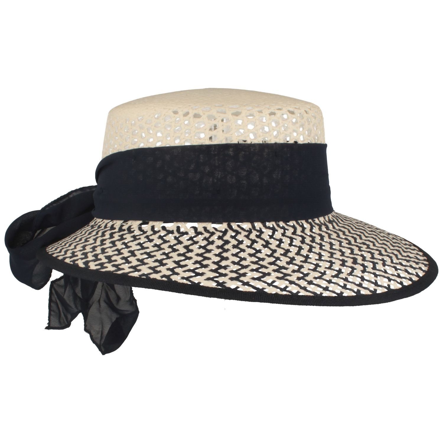 Breiter Strohhut luftige zweifarbige Strohschute mit Chiffon Tuch günstig online kaufen