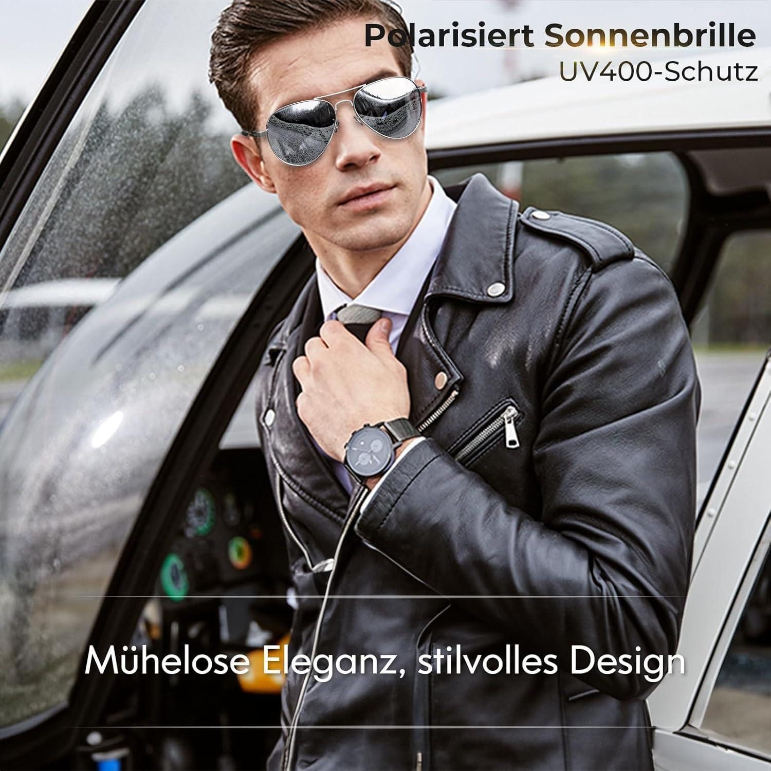 LuxusKollektion Pilotenbrille Sonnenbrille Herren Damen Polarisiert Pilotenbrille Silber Verspiegelt