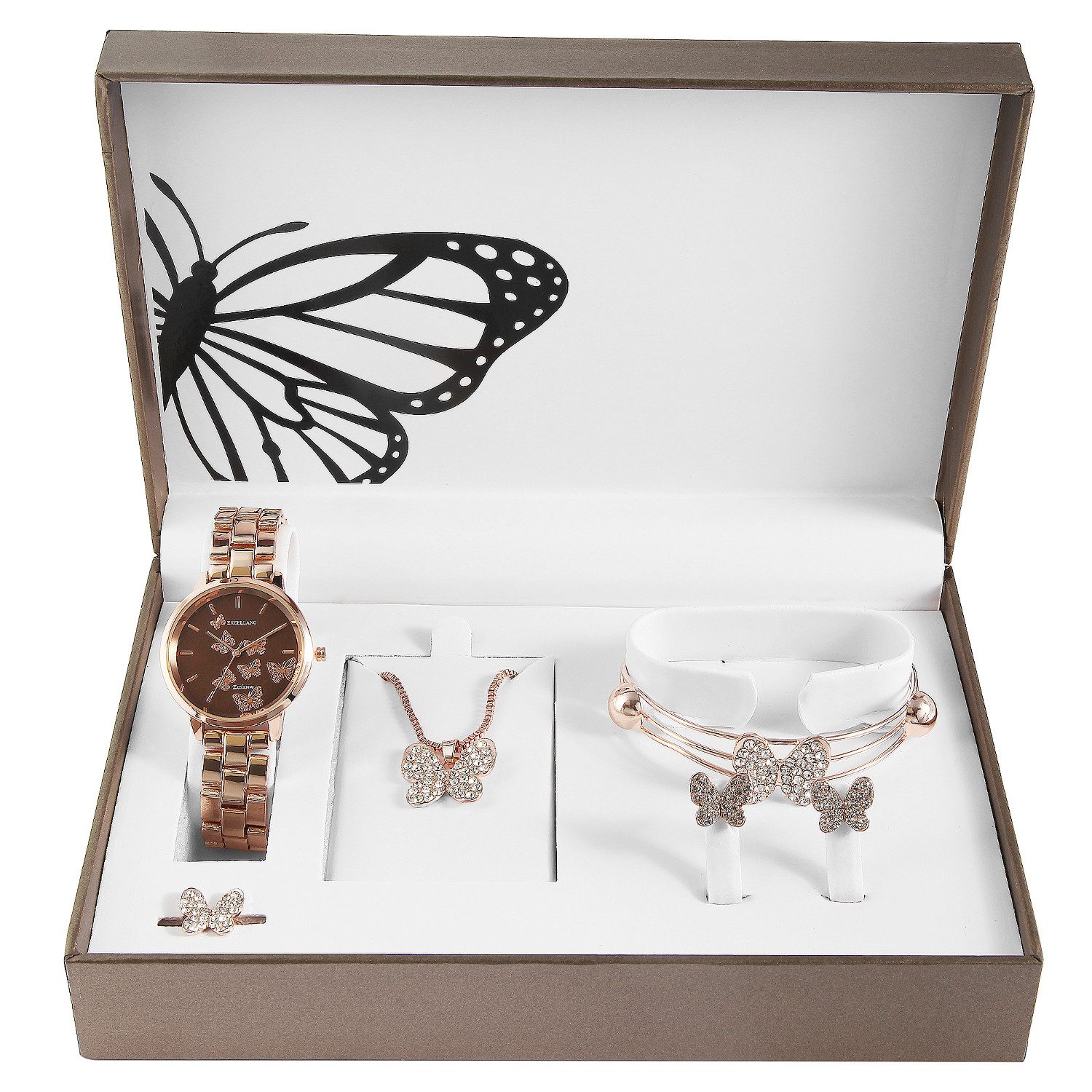 KARMA Schmuckset Schmuckset Edelstahl Roségold Schmetterlinge modern Rosé Schmuck Set (Edelstahlschmuck in Schmuckschatulle), Set Uhr Armreif Ohrstecker Halskette Ring modern mehr
