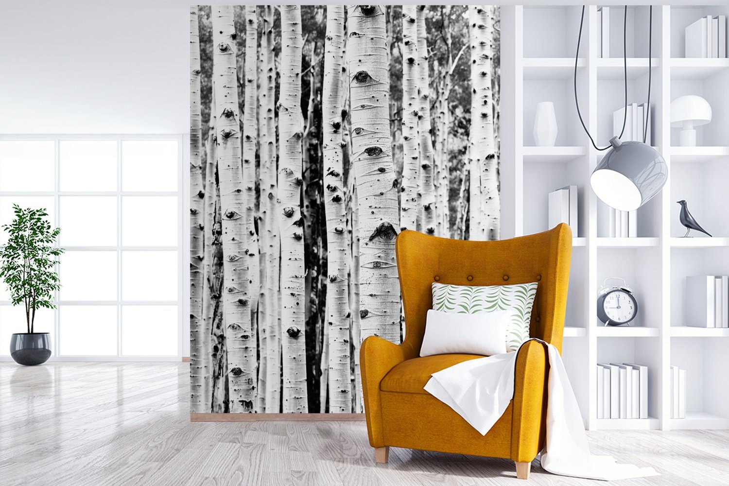 - Natur, MuchoWow weiß - bedruckt, Wohnzimmer, Matt, Wandtapete Bäume Tapete (4 für Schwarz St), und Montagefertig Vinyl - Holz Fototapete