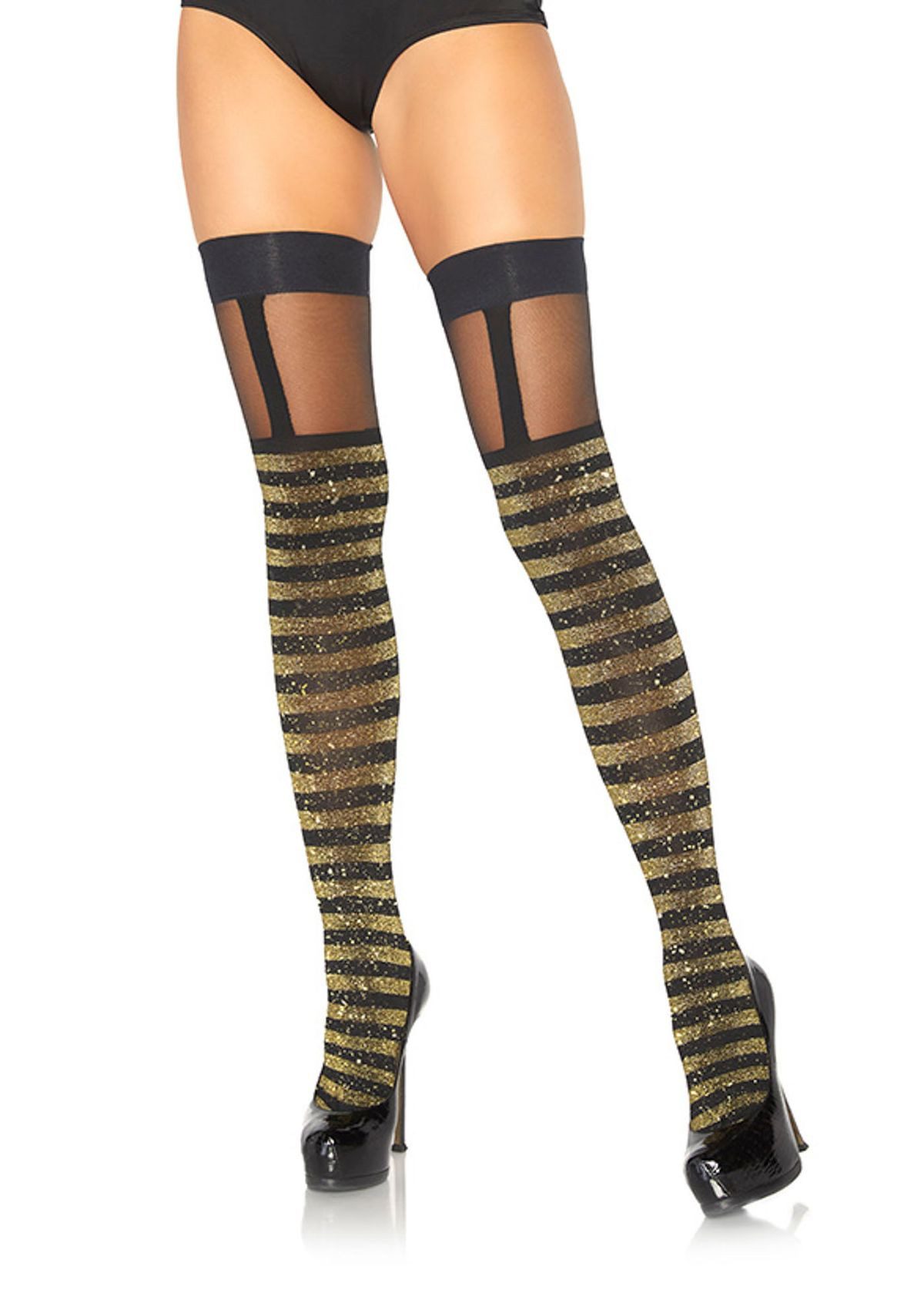 Leg Avenue Halterlose Strümpfe Halterlose Stümpfe gestreift schwarz Glitzer-Effekt Einheitsgröße
