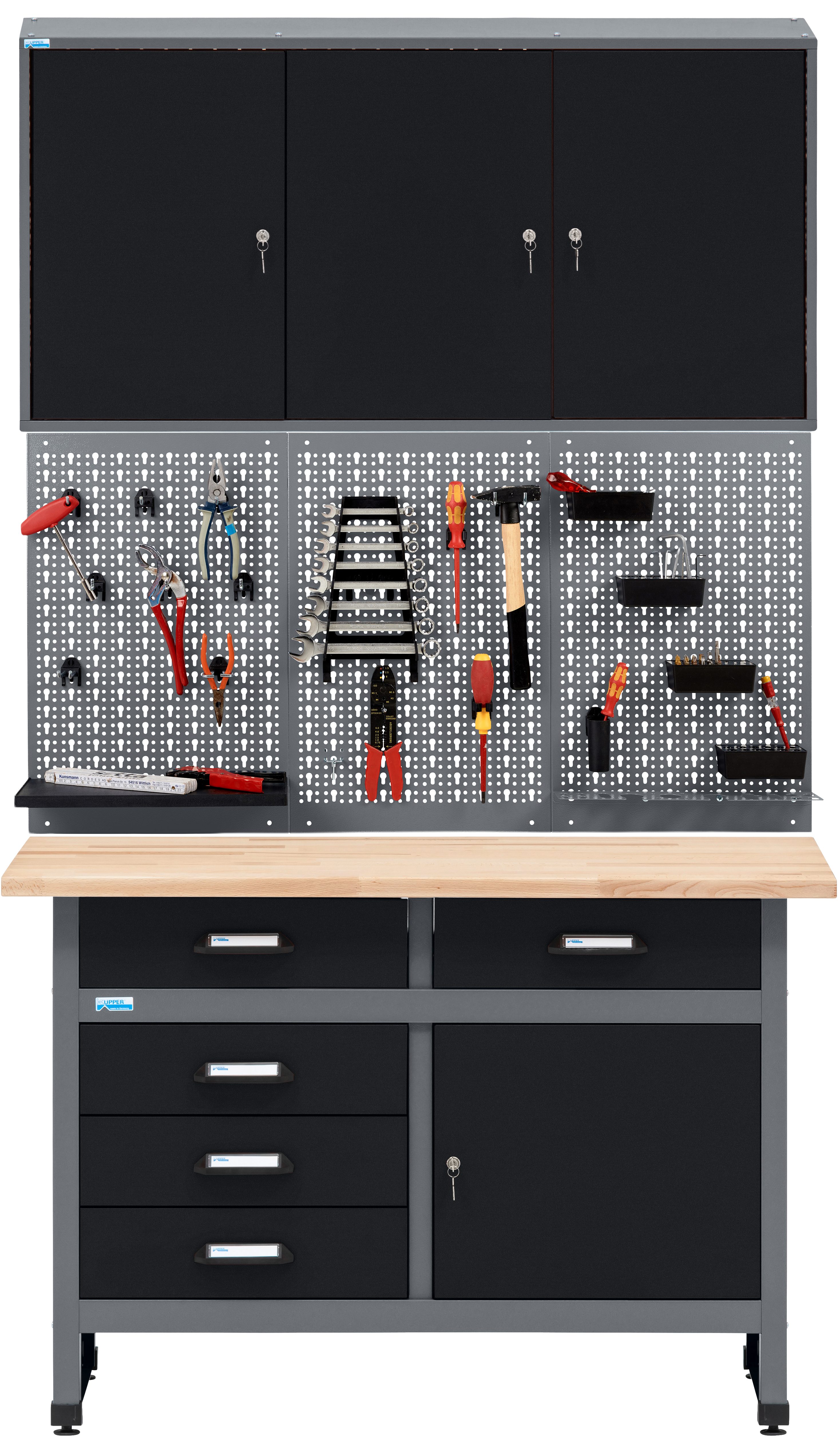 KÜPPER Werkstatt-Set 70424, 120 cm breit, Werkbank, Hängeschrank, Lochwand, (Spar-Set), 30 mm massive Buchenarbeitsplatte