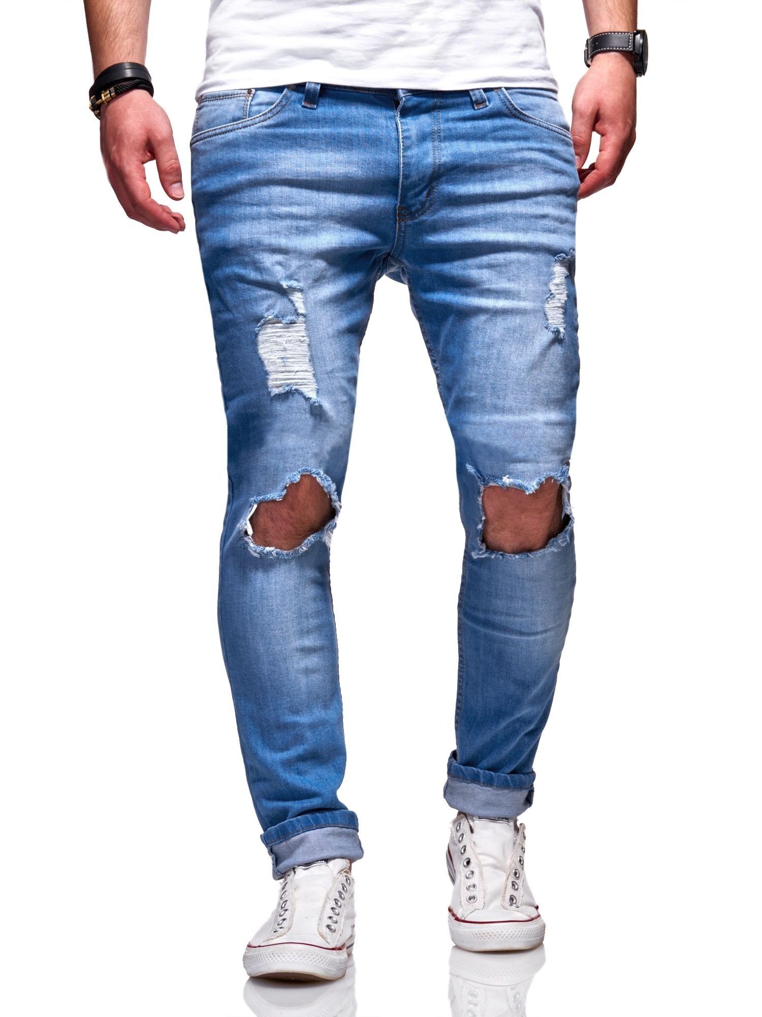 behype Slim-fit-Jeans J-5118 mit trendigen Destroyed-Elementen blau