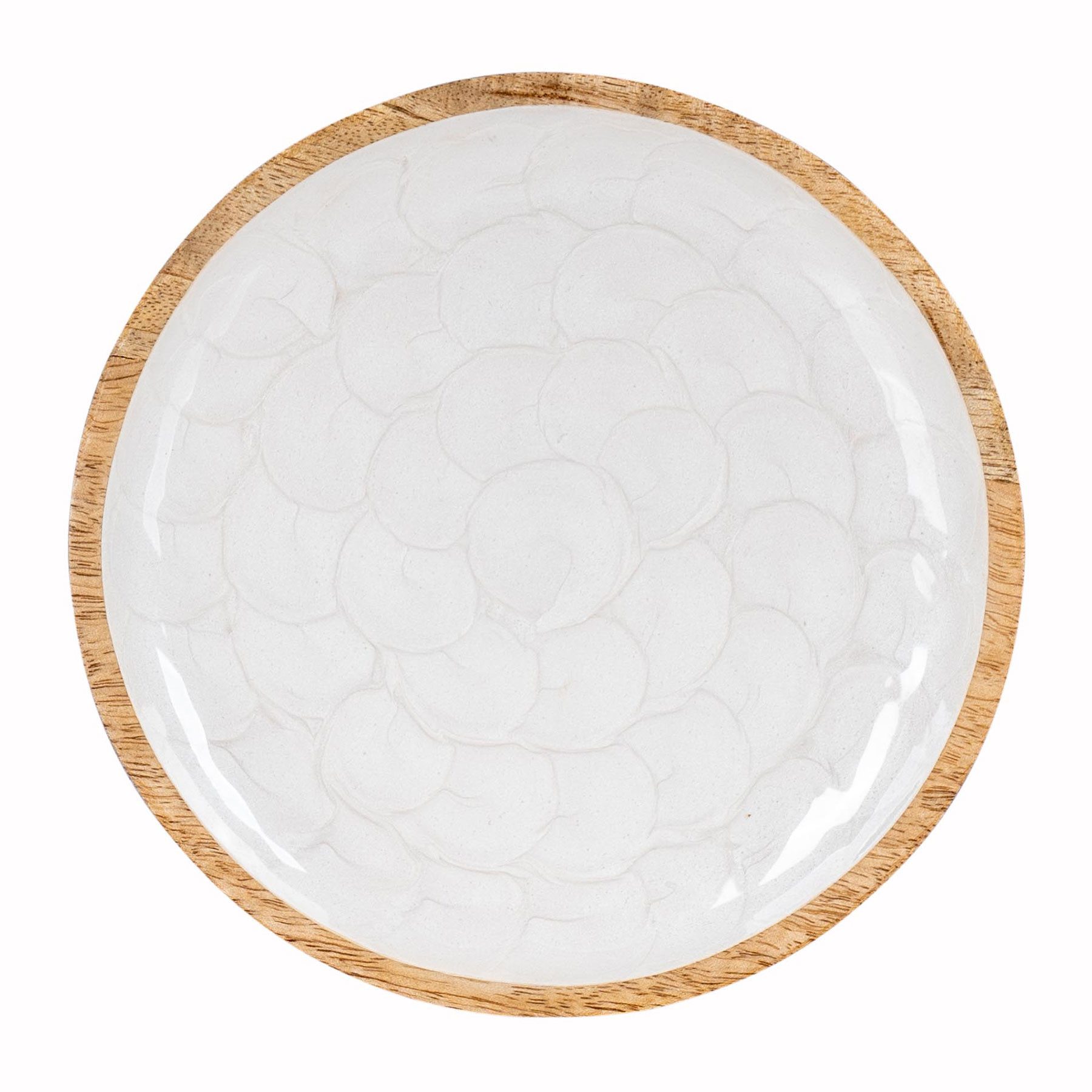 Levandeo® Dekoschale, Deko Teller 20cm Mango Holz Creme Perlmutt Emaille Snacks Schale