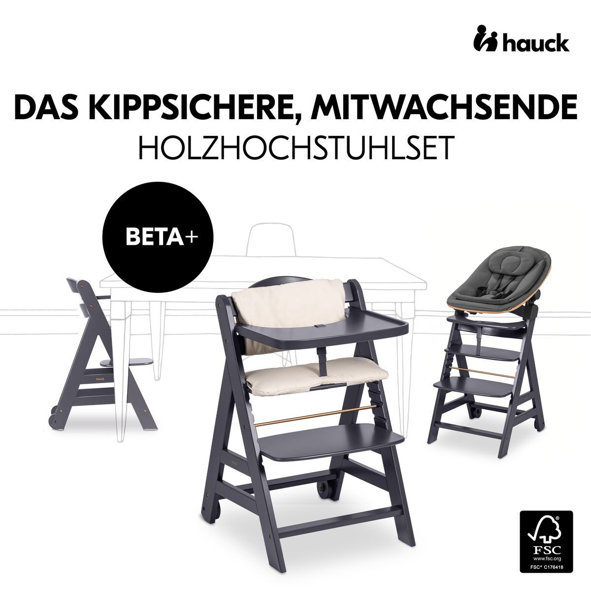 Hauck Hochstuhl Beta Plus Newborn Set - Eco - Dark Grey, Holz Babyhochstuhl ab Geburt mit Neugeborenensufsatz & Sitzkissen