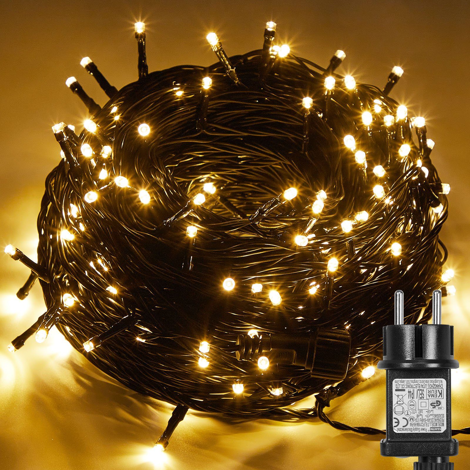 Qelus LED-Lichterkette LED Lichterkette Weihnachtsbaum Aussen Inner mit Timer  Warmweiß, Timer und Speicher, 8 Modi, 31V Energiesparende Lichterkette