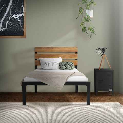 ML-DESIGN Metallbett Bett für Schlafzimmer mit Lattenrost und Holz-Kopfteil Rustikal, Gästebett 90x200 cm Schwarz-Braun Einzelbett Doppelbett