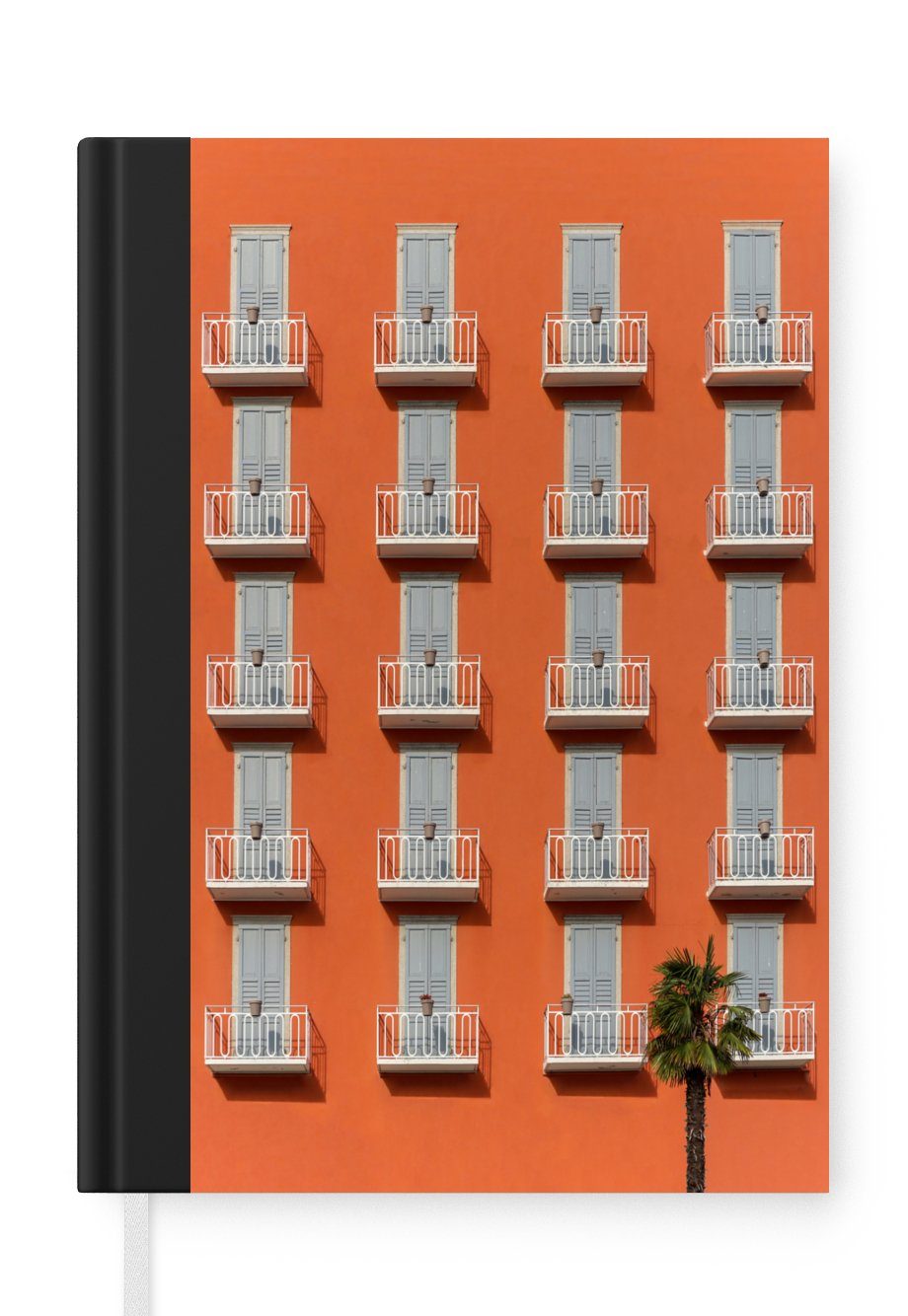 MuchoWow Notizbuch Tür - Balkon - Architektur - Palme - Orange, Journal, Merkzettel, Tagebuch, Notizheft, A5, 98 Seiten, Haushaltsbuch