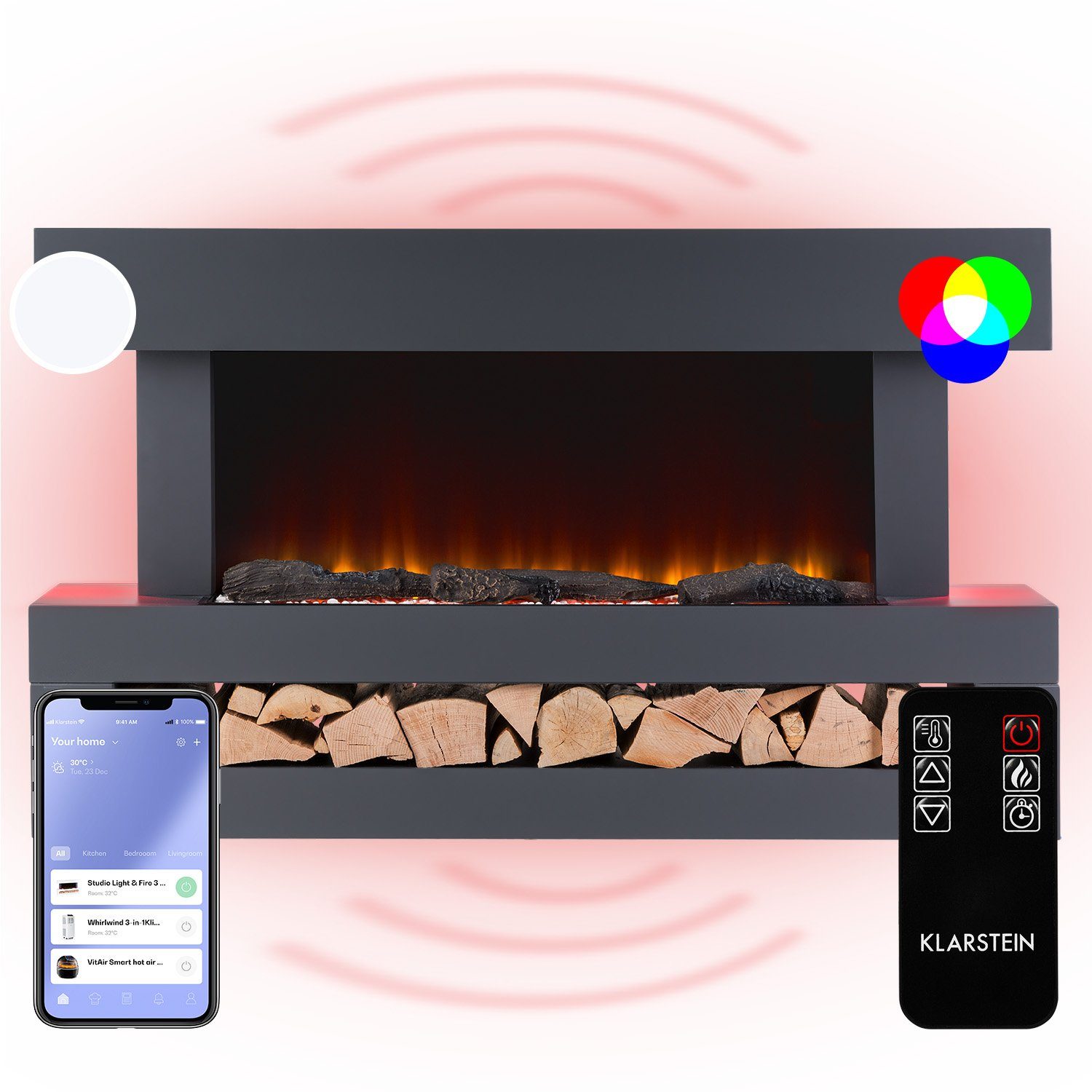 Klarstein Elektrokamin Studio Light & Fire, elektrischer Kamin mit Heizfunk günstig online kaufen