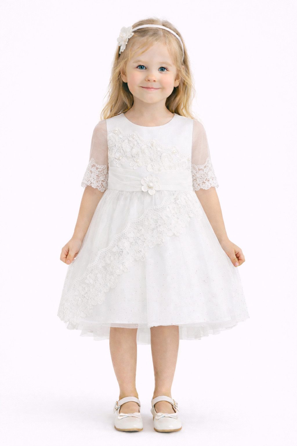 Lorey Medtec Partykleid Prinzessin Kleid, Festkleid, Taufkleid, Spitze, 100% Baumwolle, Weiß (Kleid + Haarreif) Spitze, Tüll