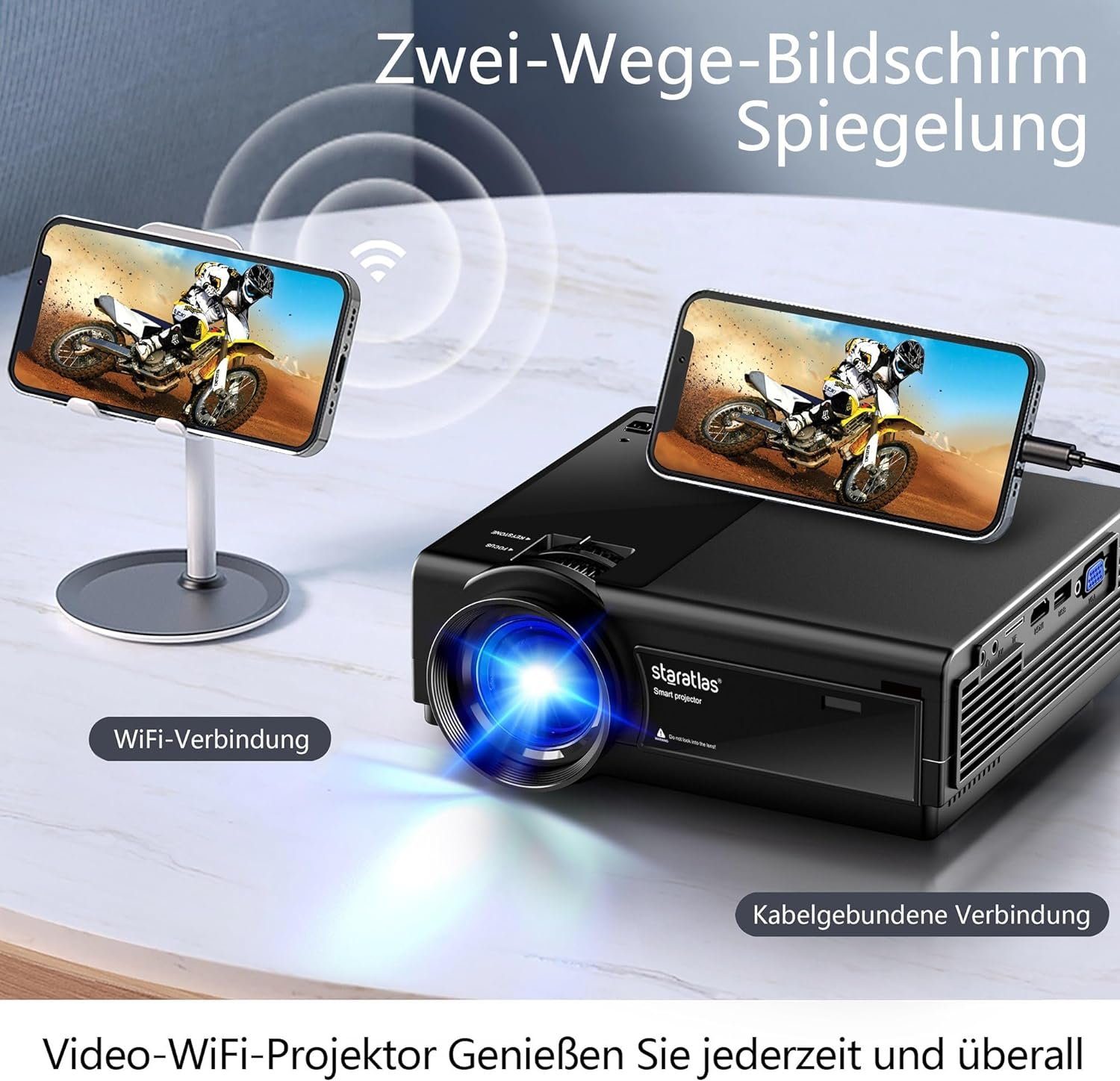 iOS-kompatibel Beamer WiFi/Bluetooth Heimkino px, tragbar FHD 1080 x 1920 staratlas Kurzdinstanzprojektor HDMI/USB/VGA) (10000:1,