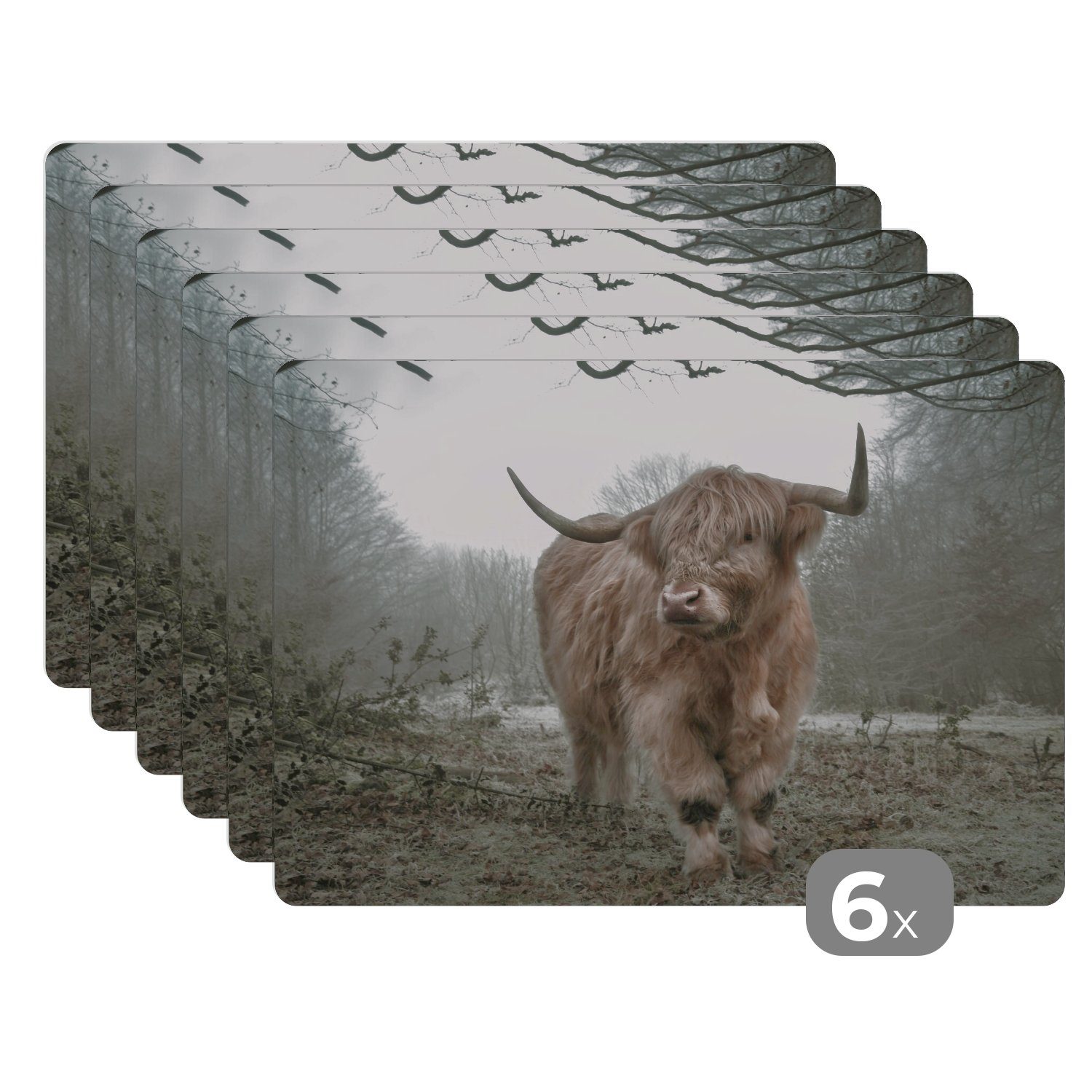 MuchoWow Platzset Schottischer Highlander - Wald - Nebel - Kuh - Tiere - Natur, (6-St), Platzsets, Tischset, Abwaschbar, Tischsets, Platzdeckchen