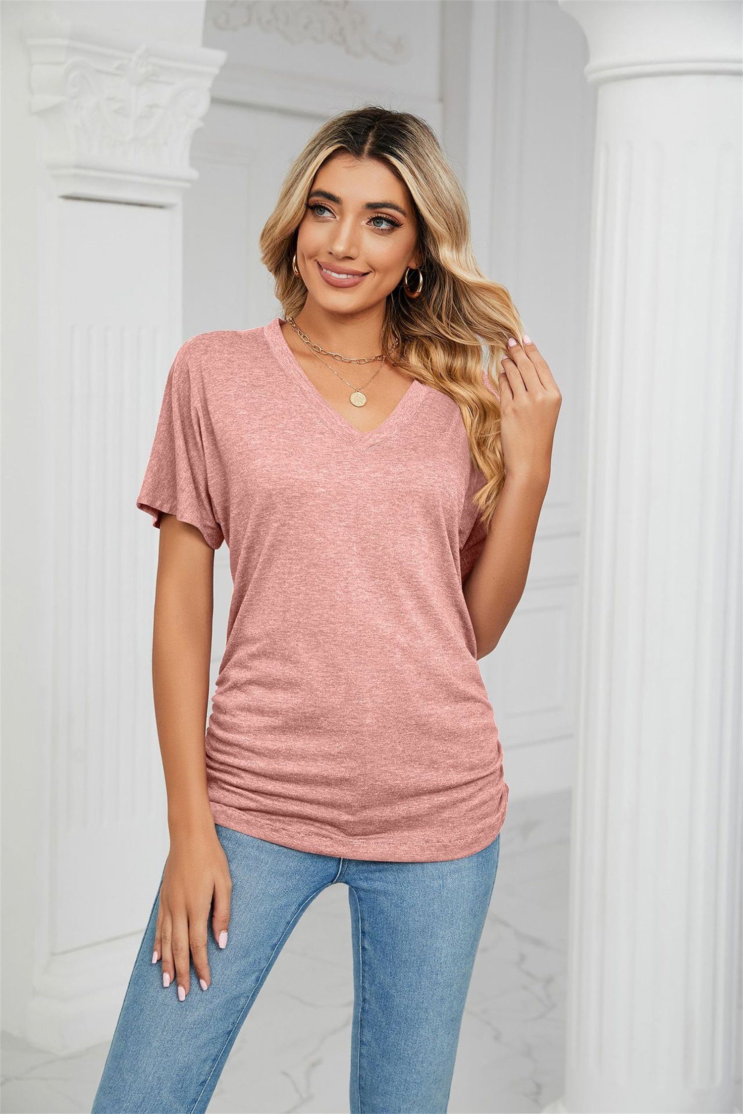 carefully selected V-Shirt Damen-T-Shirt, kurzärmelig, V-Ausschnitt, Sommer-Basic-Bluse Rosa