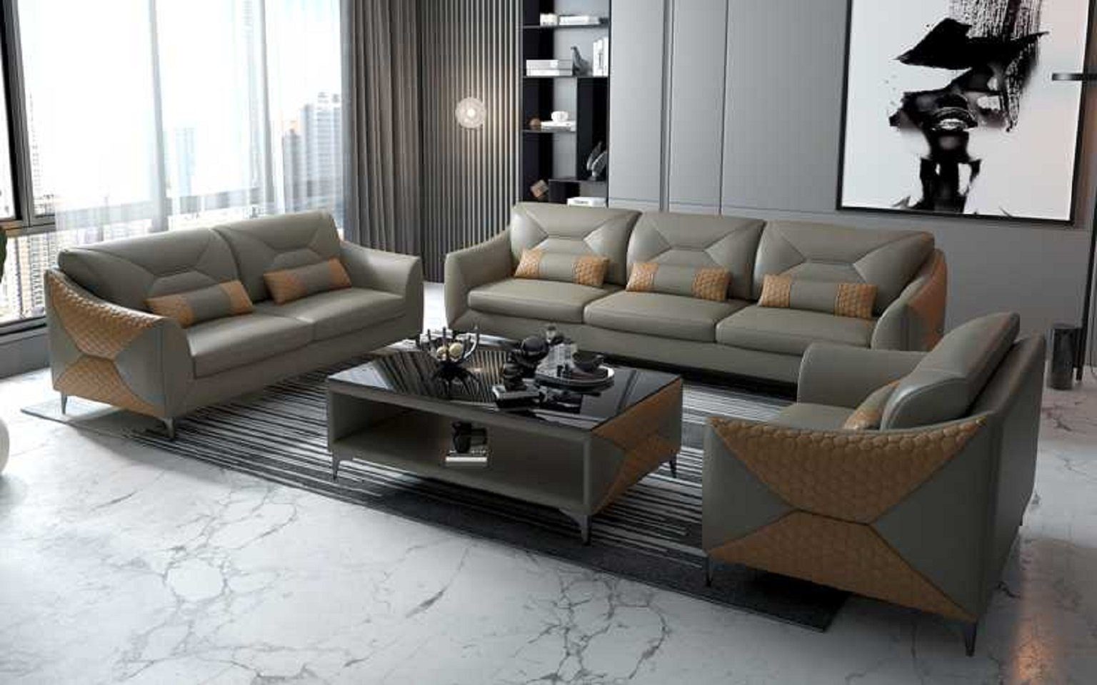 JVmoebel Wohnzimmer-Set Modern Sofagarnitur Couchgarnitur 321 Sitzer Sofas, (3-St., Nur Sofa 2+3 Sitzer + Sessel), Made in Europe Grau