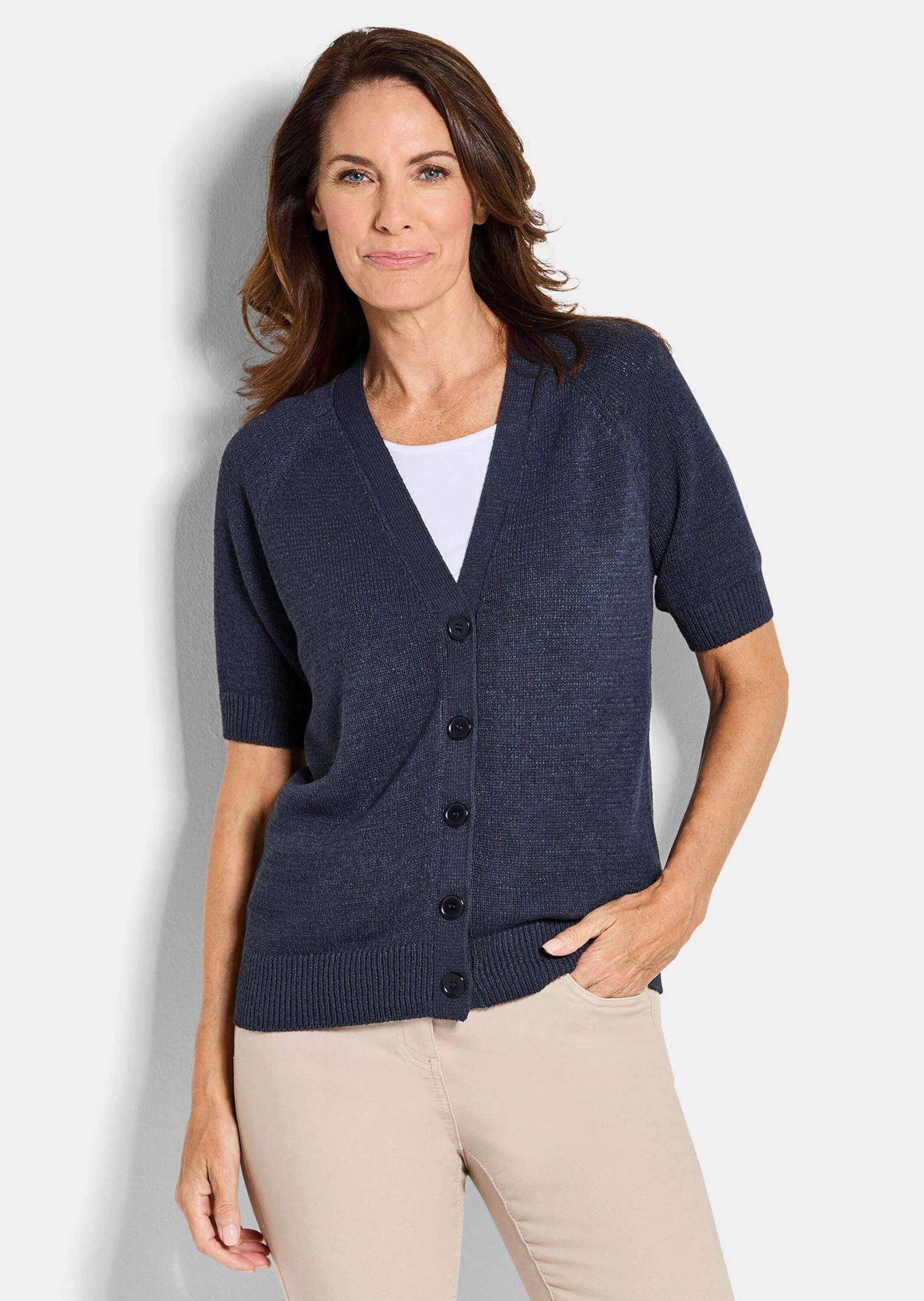 GOLDNER Strickjacke Damen Cardigan in Pink, Halbarm Kurzarm Jäckchen gestrickt, V-Ausschnitt, Raglanärmeln