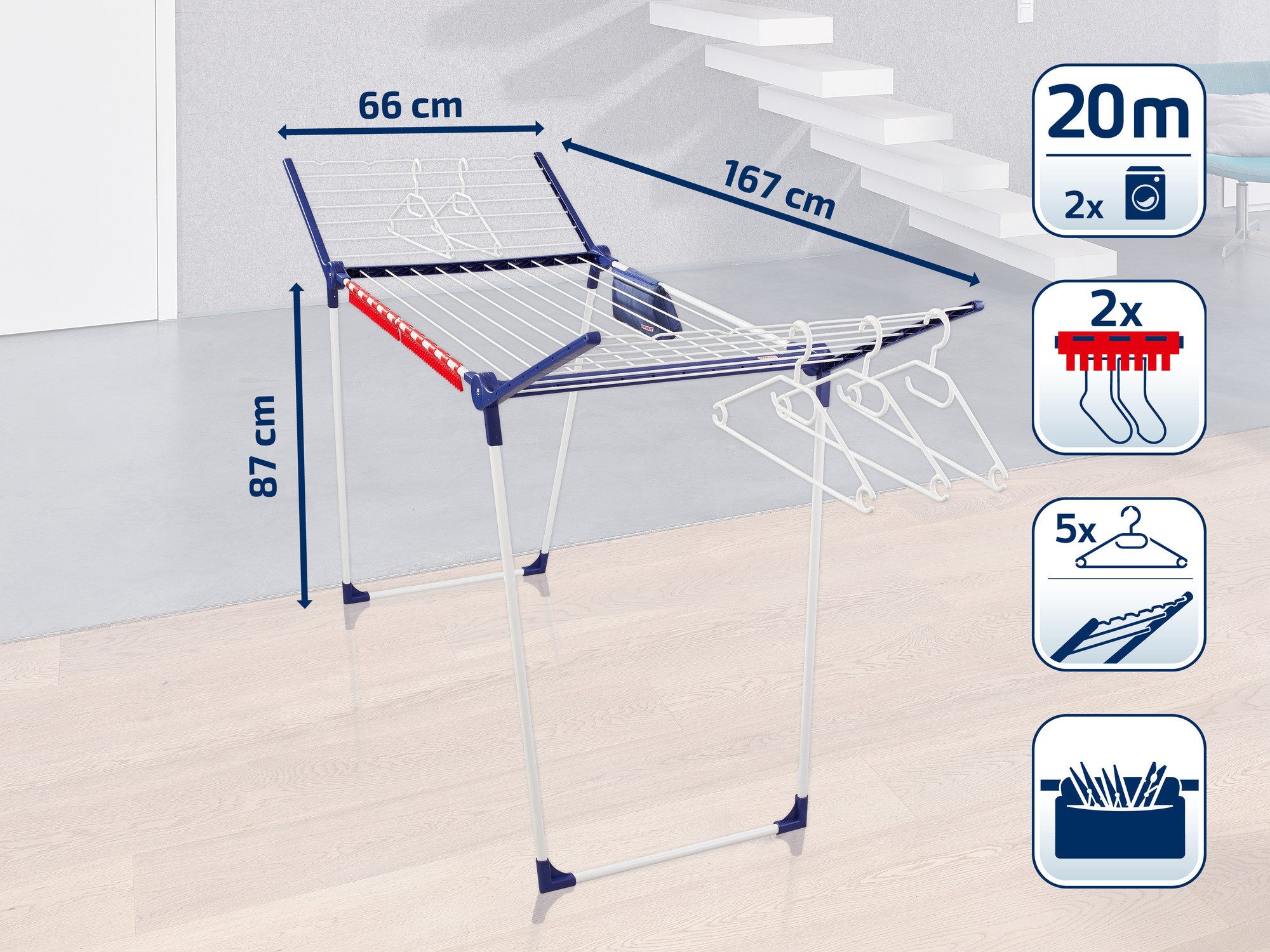 Leifheit Wäscheständer Standtrockner Pegasus Ultra Plus 23m, 20m Trockenlänge, 107cm Flügelhöhe, Kleinteilehalter, mit Kleiderbügel – Bild 5 von 5