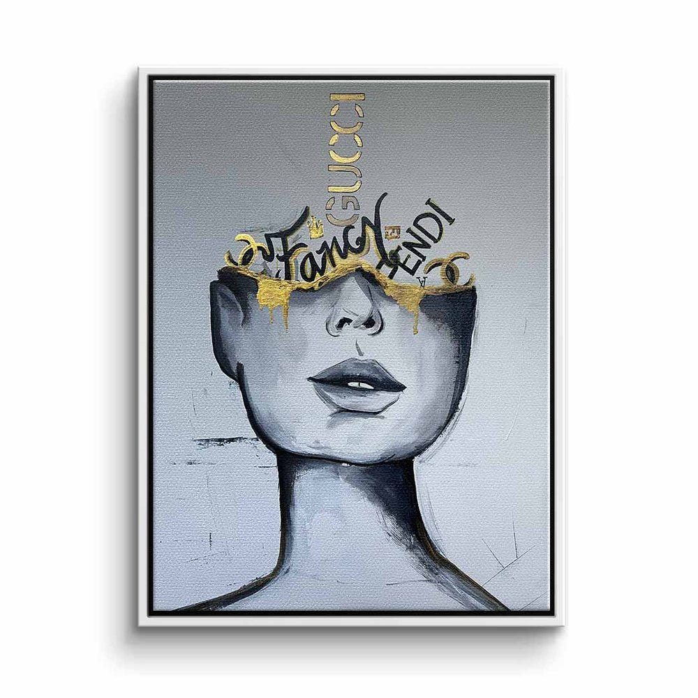 DOTCOMCANVAS® Leinwandbild, Weißes Wandbild mit Frauen Gesicht - Gold - Fancy weißer Rahmen | Leinwandbilder
