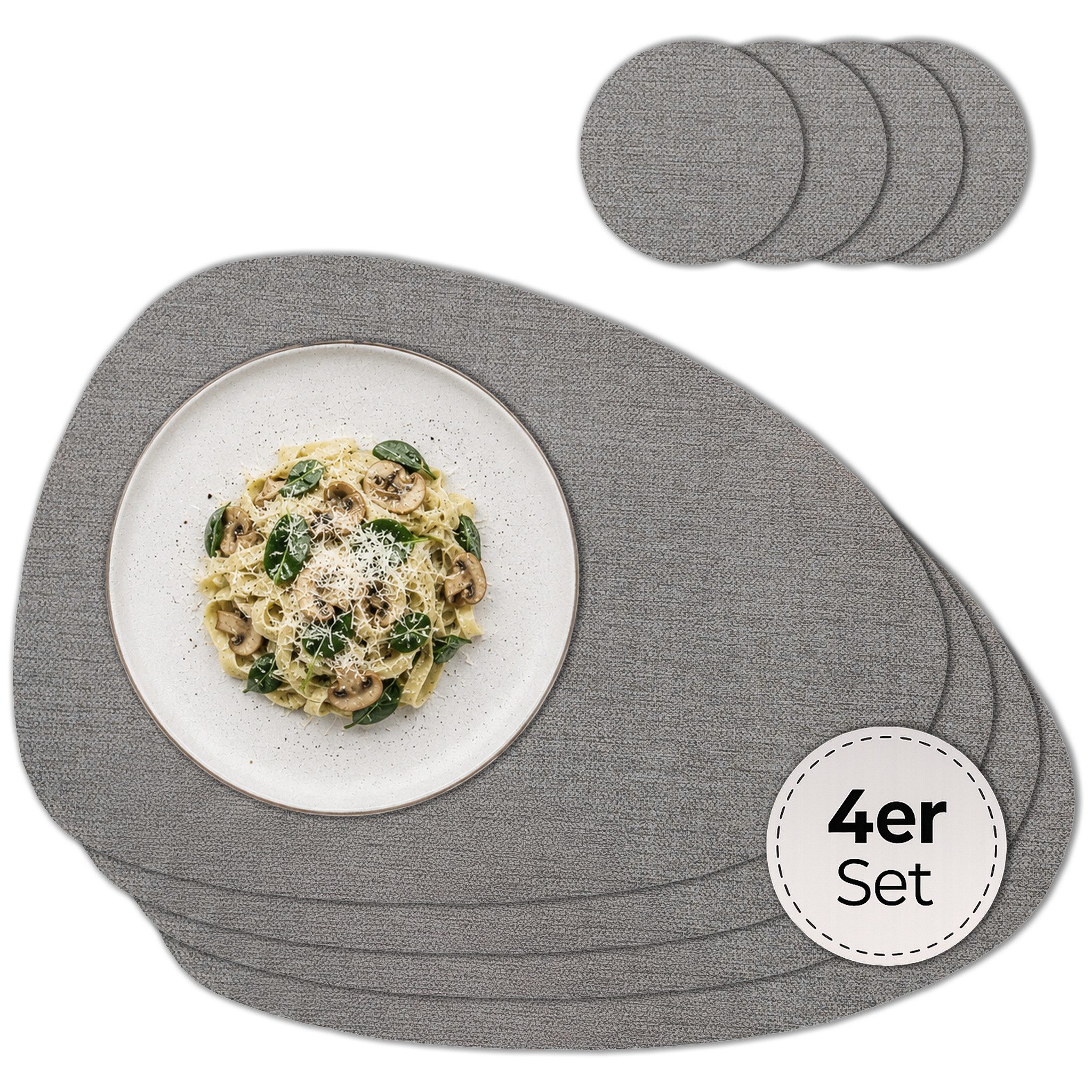 matches21 HOME & HOBBY Platzset Ovale Tischsets mit Glasuntersetzer 4er Set Greige Leinen Stoff-Optik, (4-St), Abwaschbare hitzebeständige PVC Platzsets