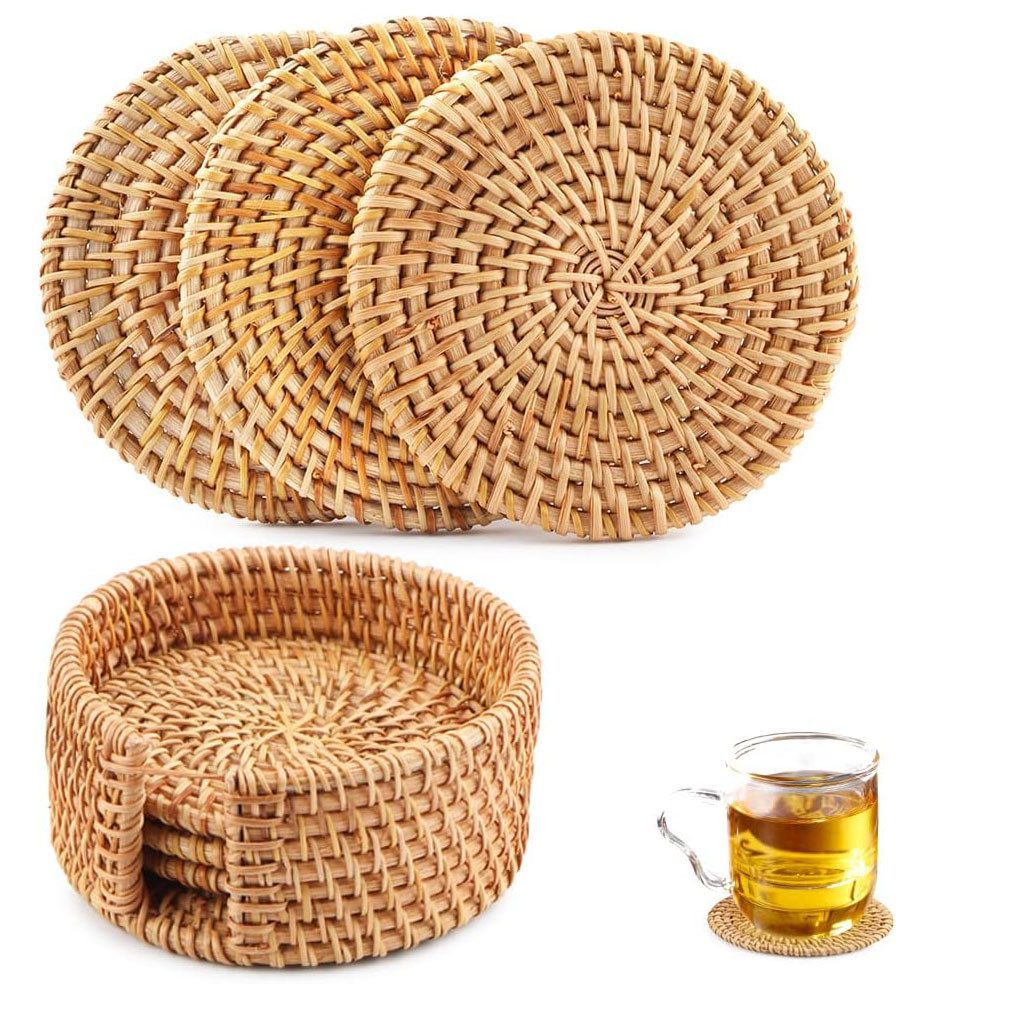 Getränkeuntersetzer gewebte runde natürliche Rattan-Tassenmatten mit Halter 6er Set