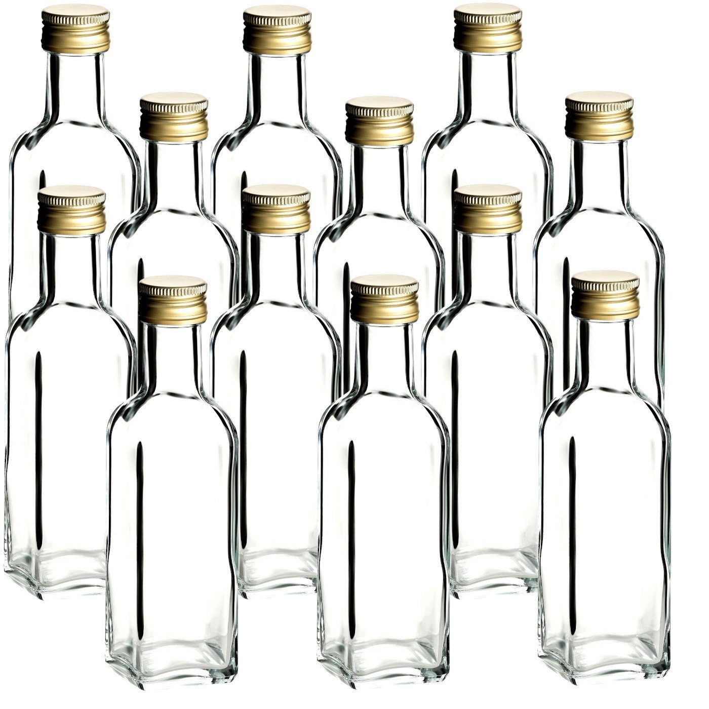 gouveo Trinkflasche Glasflaschen 100 ml Maraska mit Schraub-Deckel - Kleine Flasche 0,1l, 12er Set, transparent-goldfarben