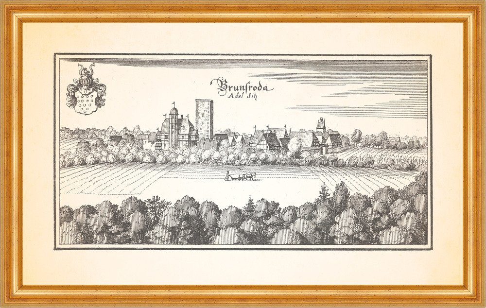 Kunstdruck Brunsroda Adelsitz Brunsrode Lehre Dorfkirche Kupferstich Merian 0365