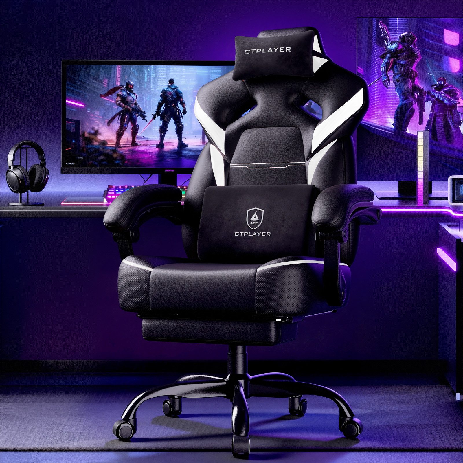 GTPLAYER Gaming-Stuhl Gamer Sessel Gamer Stuhl mit Fußstütze Lendenkissen Kopfstütze, Verstellbaren Armlehnen mit Fußstütze Gamingstuhl 150 Kg Drehbarer – Bild 4 von 5
