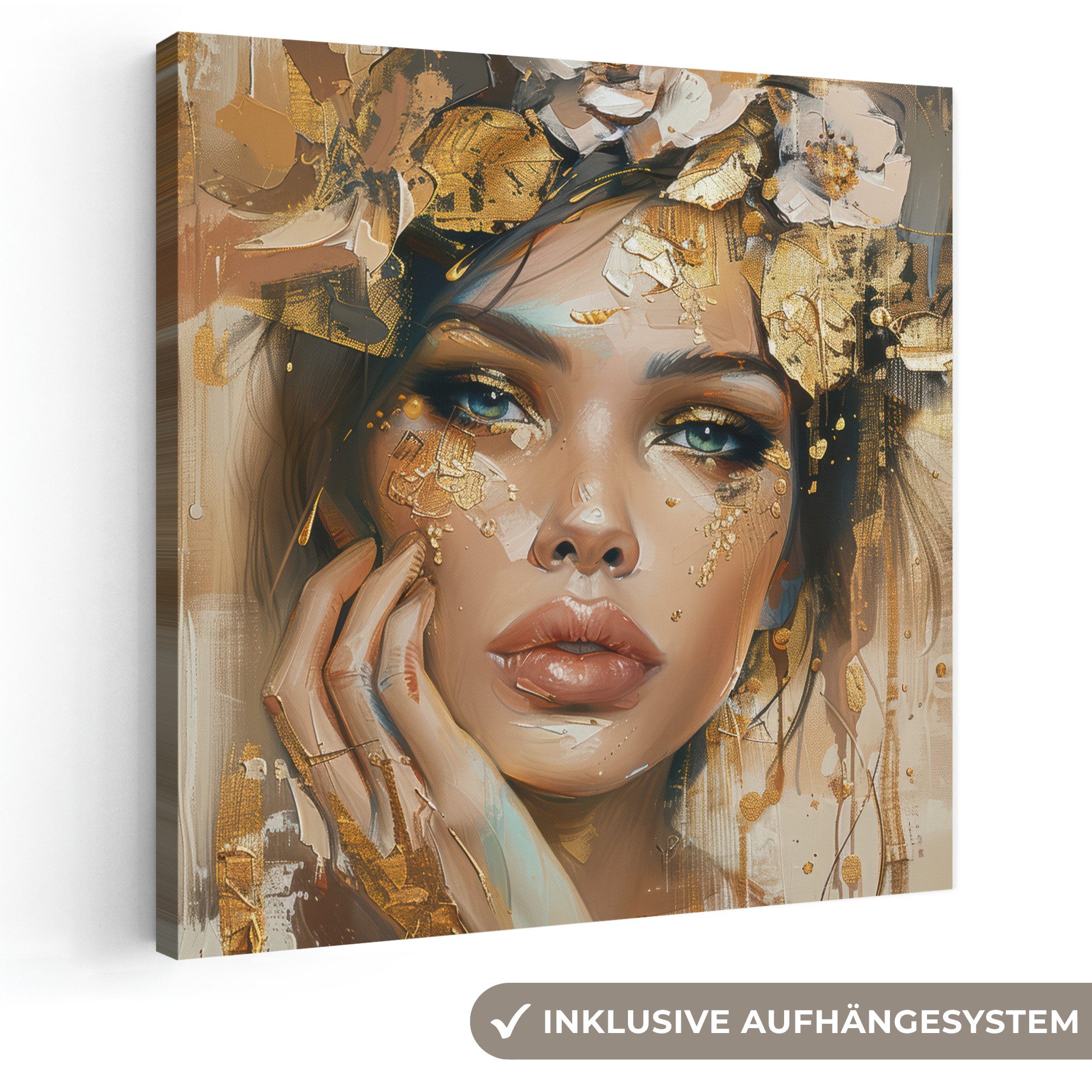 OneMillionCanvasses® Leinwandbild Frau - Blumen - Gold - Porträt, Fotodruck (1 St), Wandbild, Deko Schlafzimmer Wohnzimmer Flur 20x20 cm