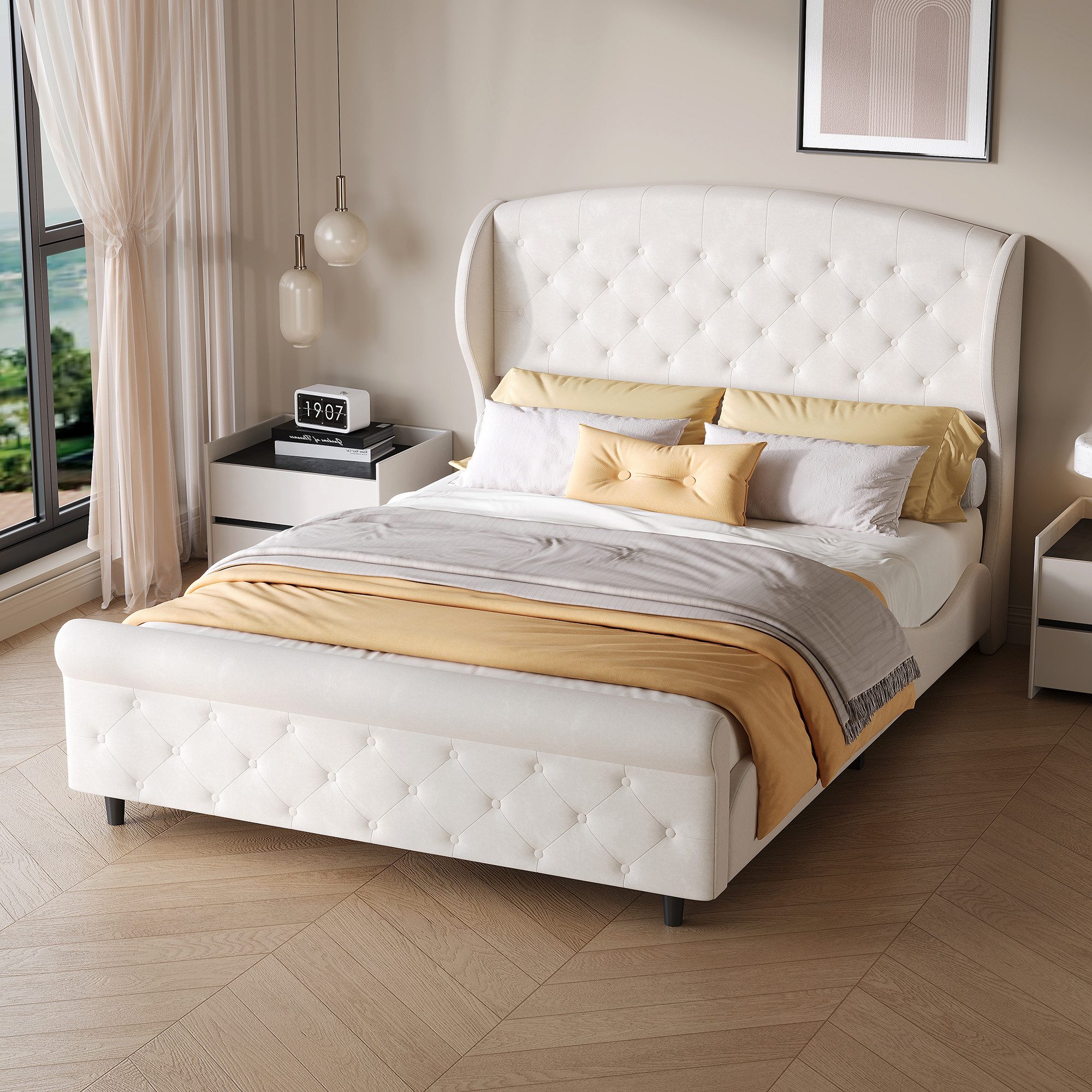 ADWOLT Polsterbett 140x200 Bettgestell mit Lattenrost, Doppelbett mit gepolstertem Kopfteil, Knopfdekoration,Beige