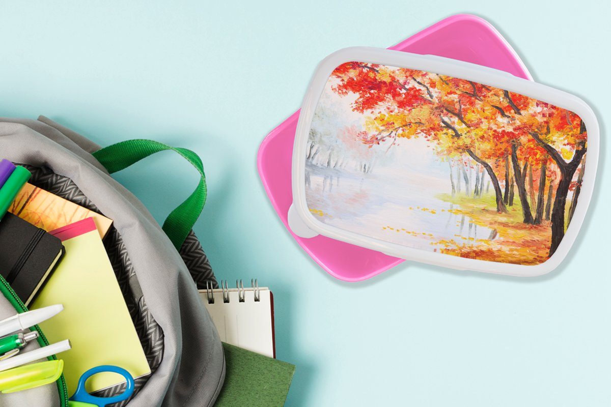 MuchoWow Lunchbox - Wasser Herbst Gemälde - - rosa Snackbox, Kunststoff - Erwachsene, Bäume (2-tlg), Kunststoff, Brotbox für Kinder, Brotdose Ölfarbe, Mädchen
