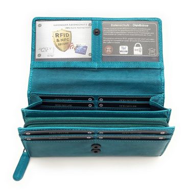 JOCKEY CLUB Geldbörse echt Leder Damen Portemonnaie mit RFID Schutz, gewachstes Rindleder, petrol blau