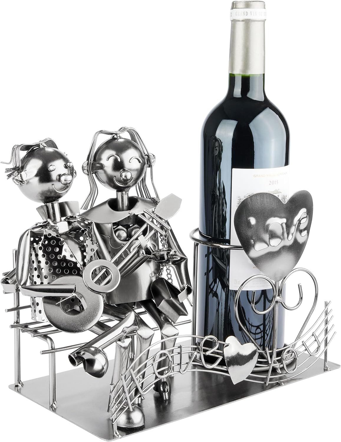 BRUBAKER Weinflaschenhalter Paar mit Gitarre auf Bank - Metall Skulptur Flaschenhalter, (Paar mit Gitarre und Noten, 1-St., Flaschenständer mit Geschenkkarte), Wein Geschenk für Musiker
