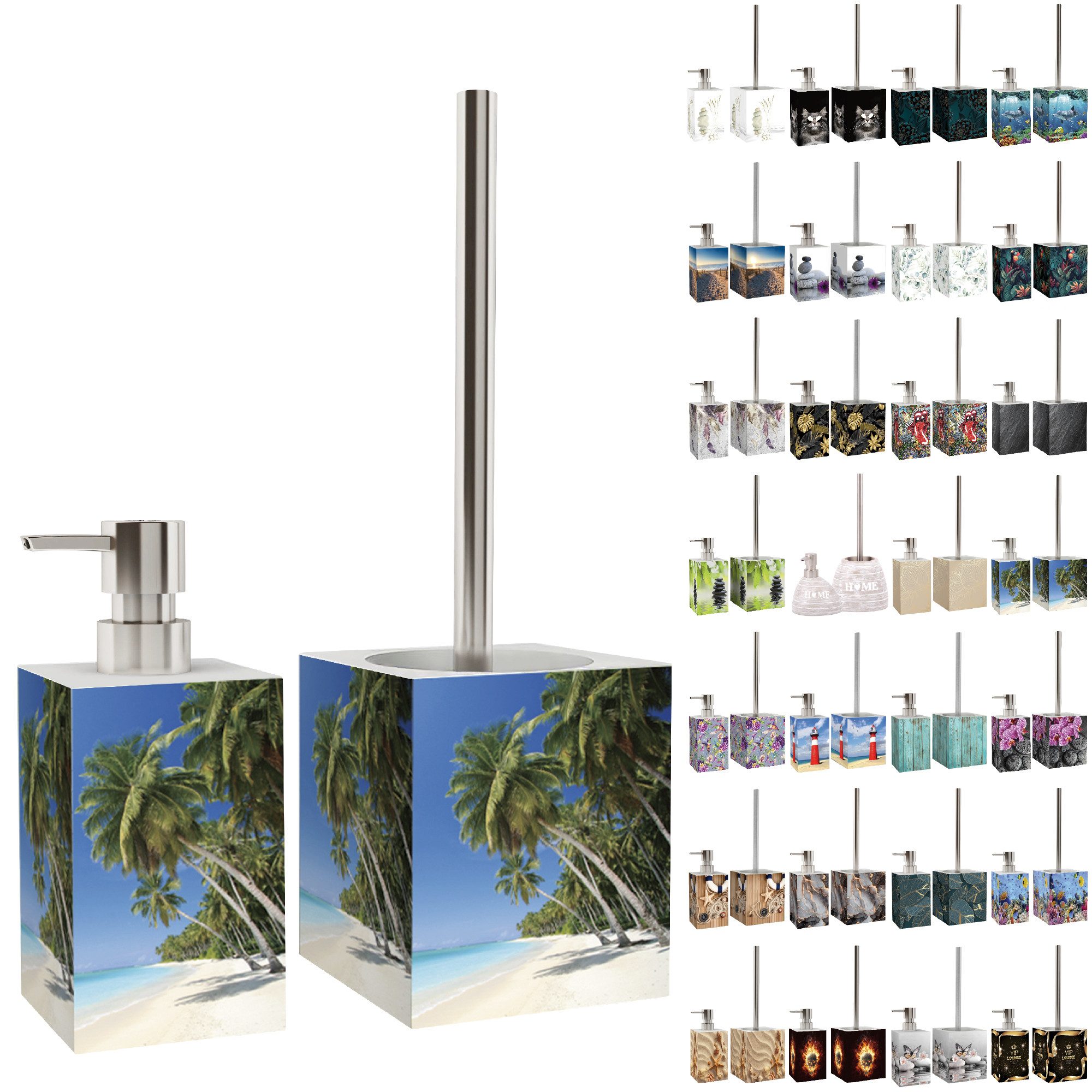 Sanilo Badaccessoire-Set mit Motiv, viele schöne Seifenspender und WC Чистить zur Auswahl, Klobürste mit auswechselbaren Чиститьkopf, 2 tlg., 2-tlg., Desinfektionsspender mit stabiler Pumpe, hochwertig & modern